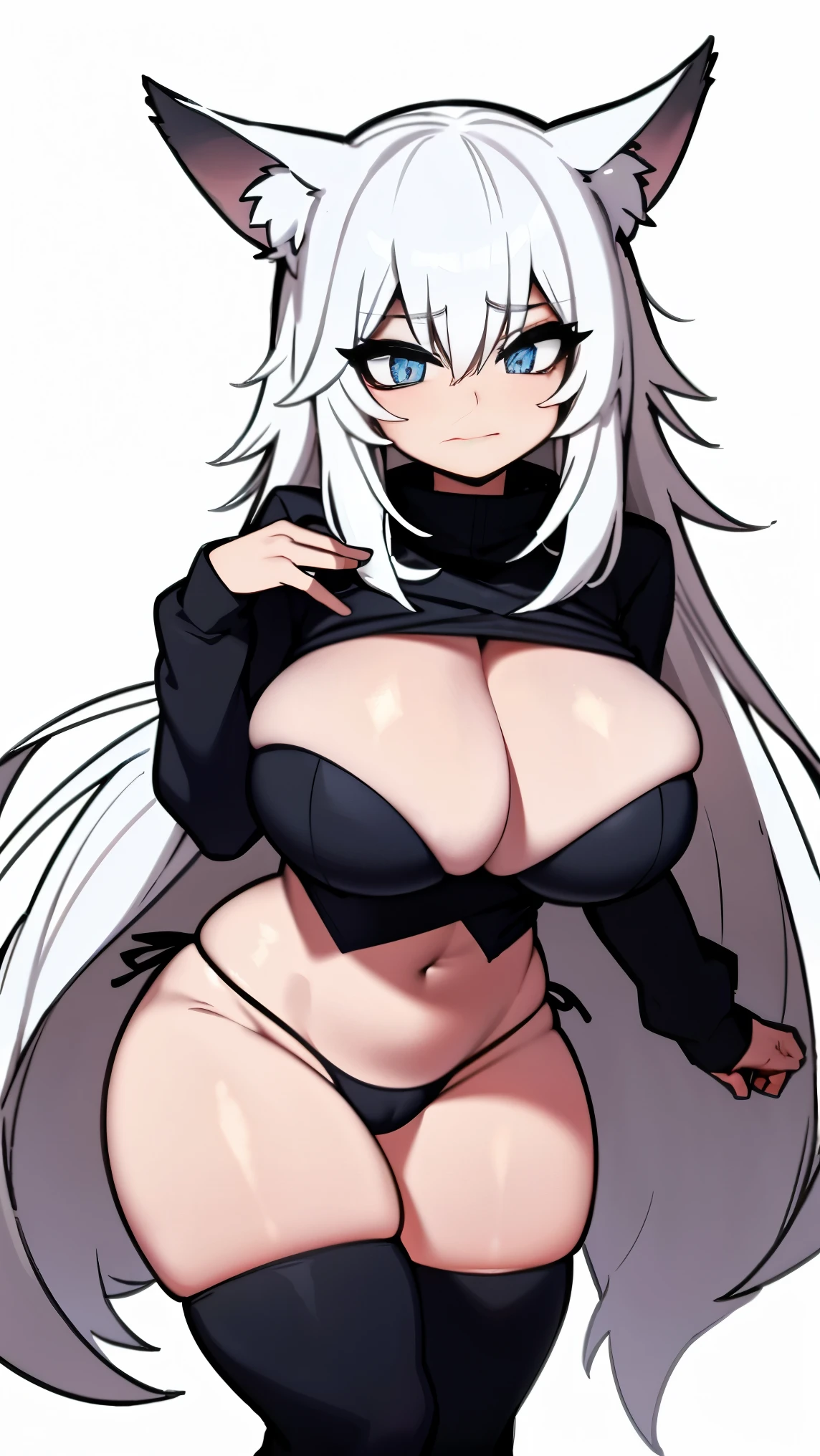 Single girl, Anime Short, Long white hair, wolf ears, wolf tail, blue eyes, wearing cute pink thong, thigh high socks, black combat boots, huge chest, super flat chest, solo only one ((huge CHEST)), wide hips, thicc thighs, happy, crotch bulge (CROTCH BULGE), yoga leggings, wearing cropped black hoodie, solo, alone good hands 1k