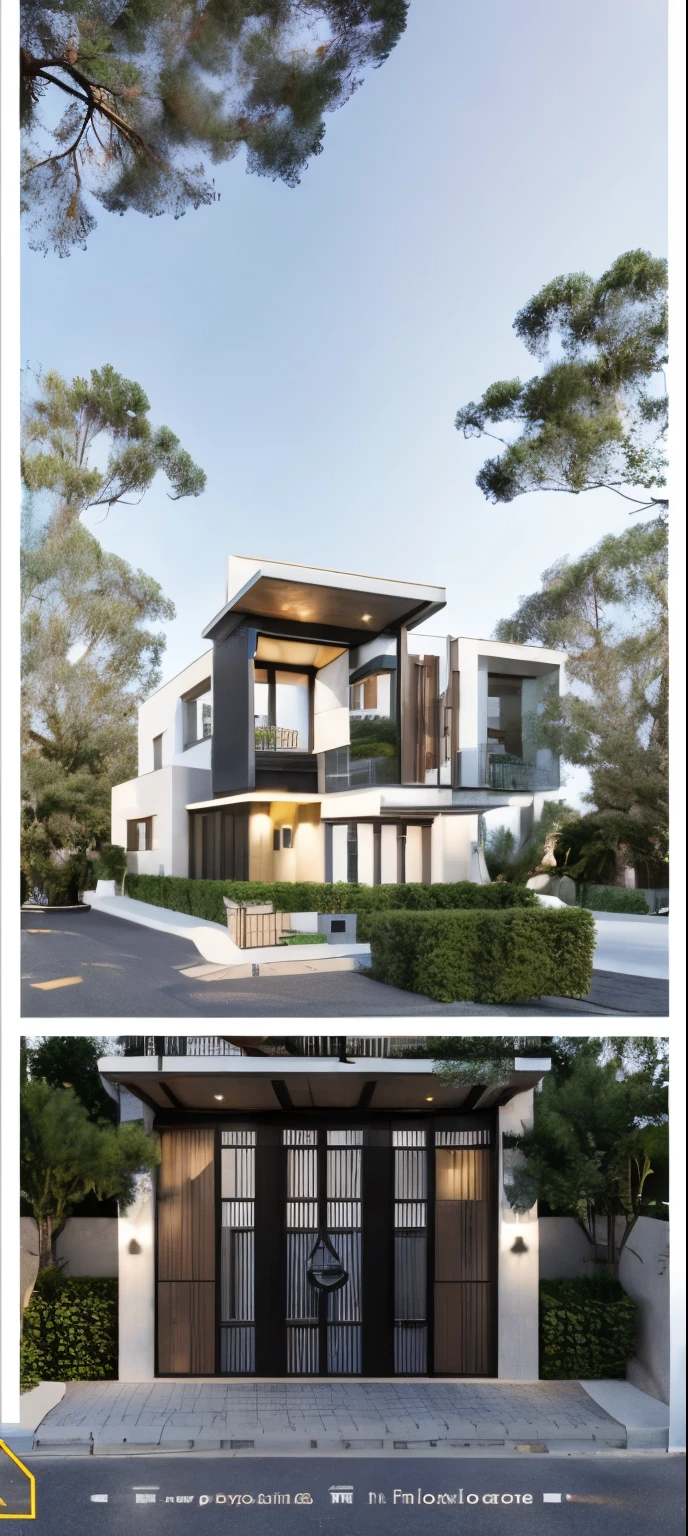 Townhouse in city, daylight,warm light, (sharp focus) front view of townhouse in style of modern, Vietnamese architecture ,mutual colours, soft lighting, warm atmosphere,high Resolution, hyper detailed,8k, hdr, ,vray render, hyper realistic,exterior design , professional photography, exterior photography,wide-angle shot , ultra detail, real world location, road sign, cityscape, pavement, ground vehice, cloudy sky. doors and windows are made by Xingfa. bancony have many trees , ivys, palms. black iron frame. wooden ceiling, ceiling light, black iron gate, iron railing, fence walls is made by black stone