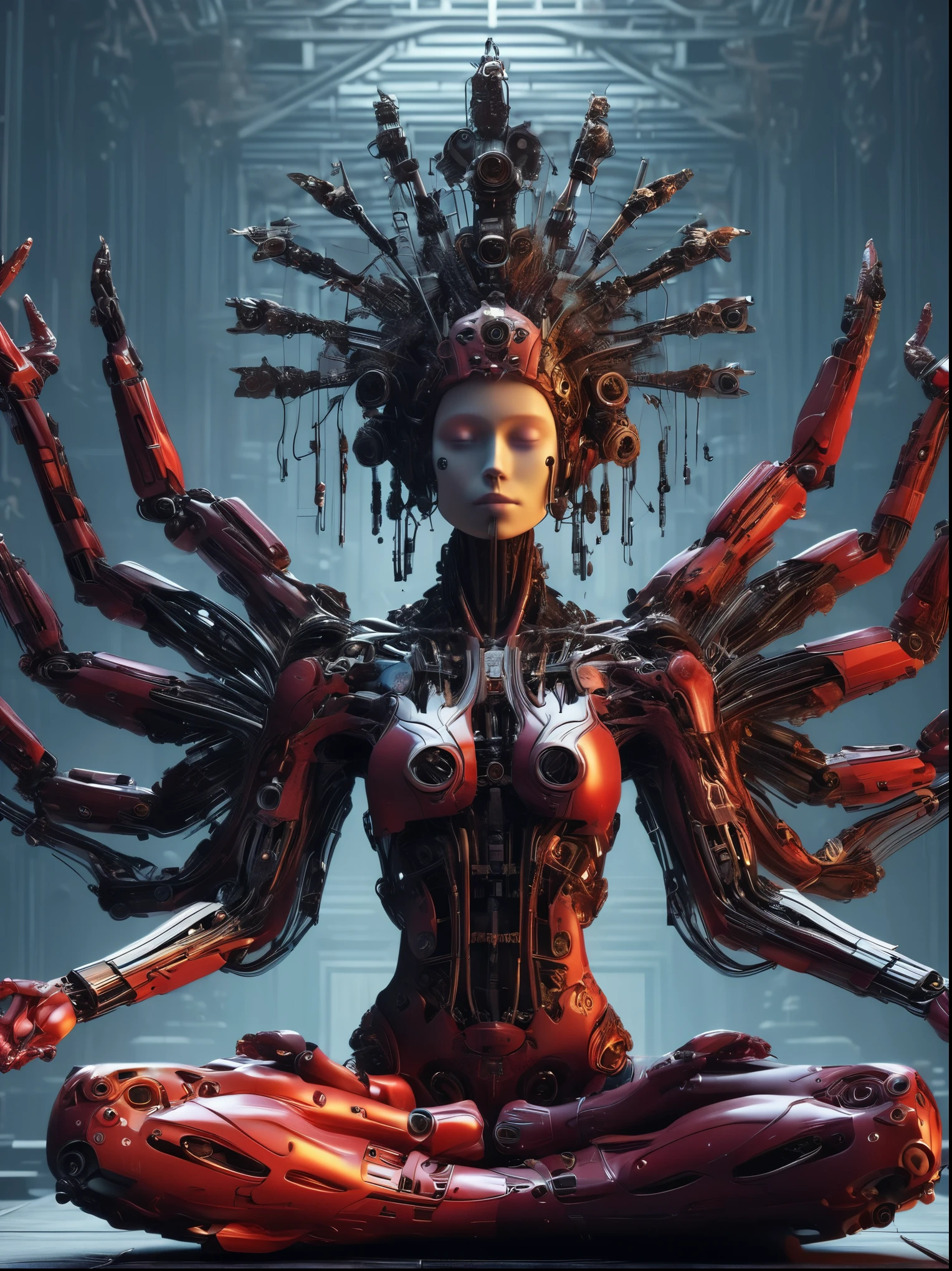 (Vision:1.3), (Full body shot:1.5), 1 red cyberpunk mechanical girl, many hands, Meditating, Sit cross-legged, Do meditation poses, Wearing an ornate headdress made of black metal parts, Precision mechanical body, Ultra-fine electronic components, Temple Background, light, musical note hair ornament, Surrealism, blind box toy style, Futurism, Conceptual art, Luminism, god rays, symmetry, first-person view, Ultra-Wide Angle, UHD, anatomically correct, accurate, masterpiece, award winning, 8k