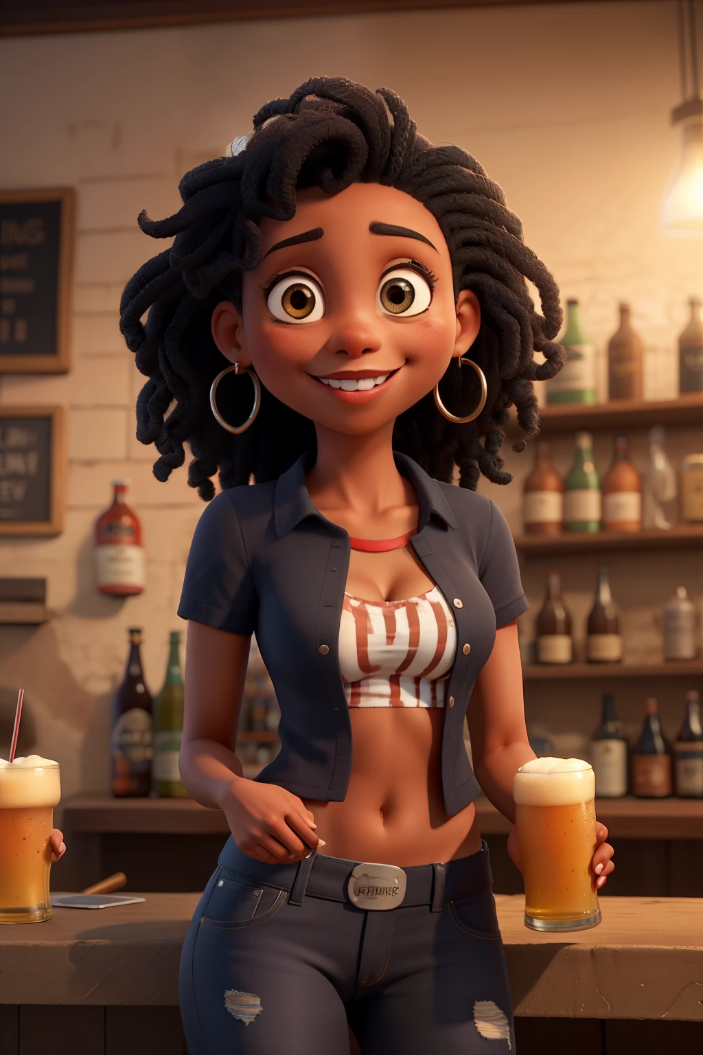 mulher negra linda, sorrindo, com um copo de  cerveja, sentada em uma         cadeira de bar, com o corpo de cerveja aparecendo de blusa branca
