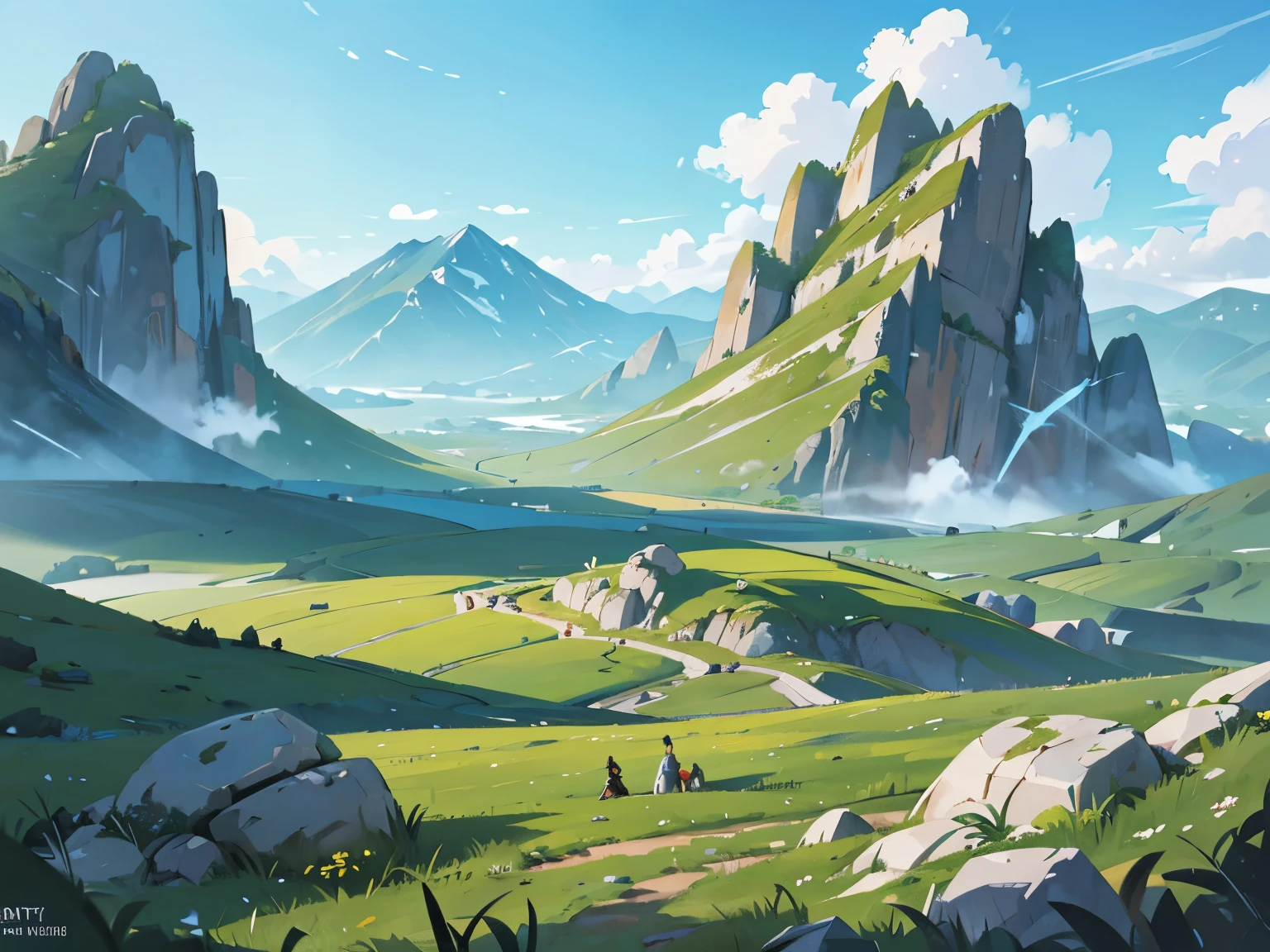 painting of a mountain with a grassy field and a few rocks, digital painting concept art, environment painting, an epic landscape, concept art. epic landscape, matte sharp painting, environment concept art, painterly concept art, dota! matte painting concept art, infinity blade concept art, oil paint concept art, matte digital painting, concept world art, rpg landscape, monumental mountains