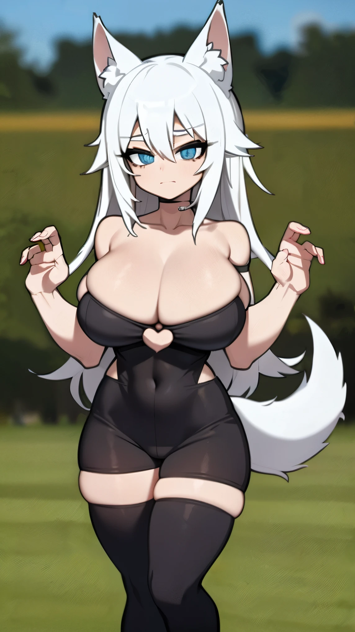 Single girl, Anime Short, Long white hair, wolf ears, wolf tail, blue eyes, wearing cute pink thong, thigh high socks, black combat boots, huge chest, super flat chest, solo only one ((huge CHEST)), wide hips, thicc thighs, happy, crotch bulge (CROTCH BULGE), yoga leggings, wearing cropped black hoodie, solo, alone good hands 1k