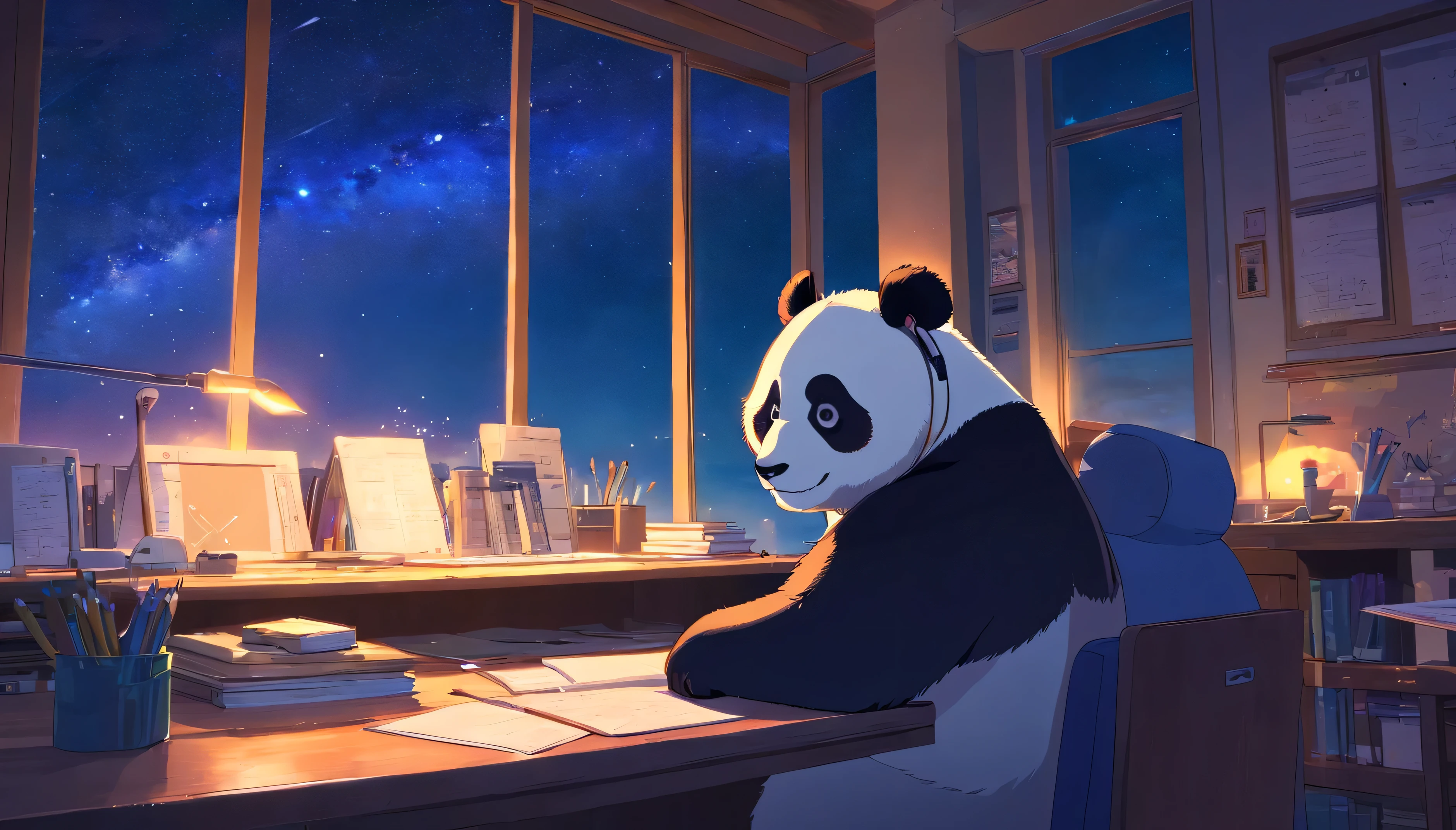 On a starry night、A panda wearing headphones sitting at a desk in a room studying