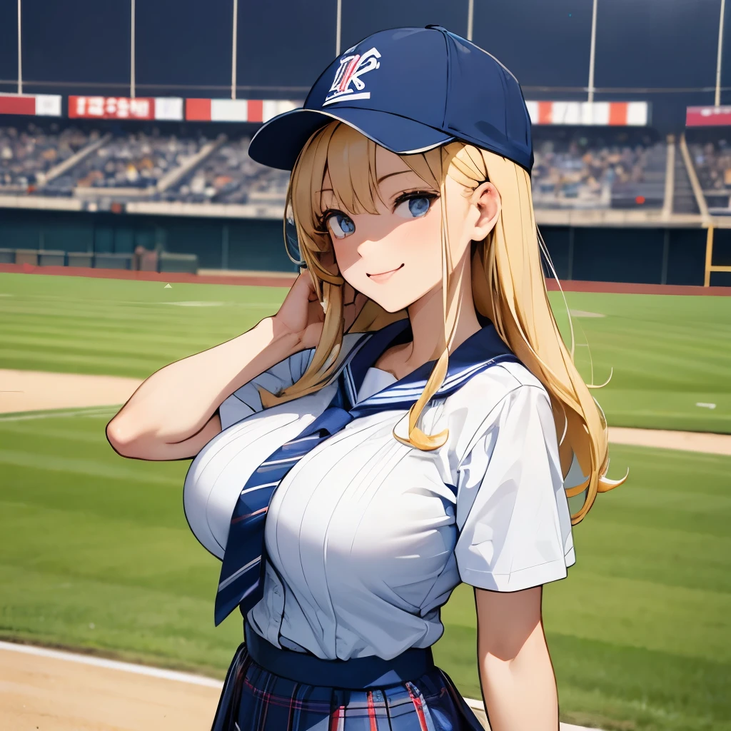 masterpiece, best quality, 8k, complete anatomy, Japanese female, blonde hair, (big breasts:1.4), high-school uniform, white short sleeve shirt, blue striped tie, navy plaid skirt, baseball cap, big smile, in the stadium