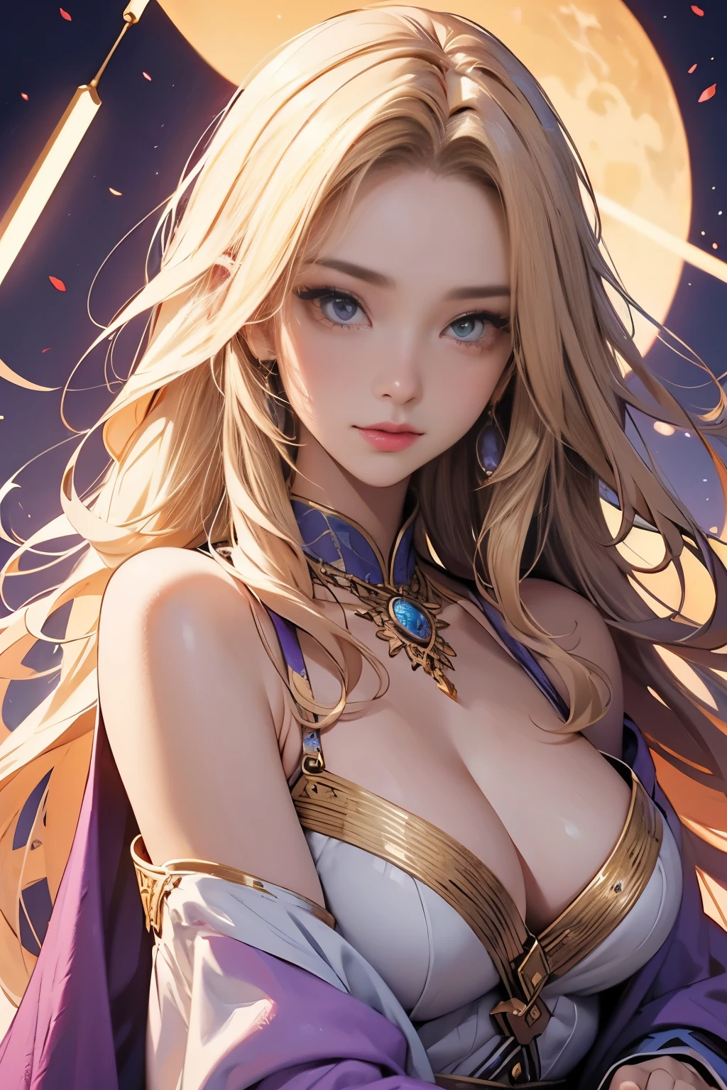 Zerg Queen Beautiful Girl: Ranlinger, 18 years old, Messy Hair, oil, Romanticism painting, Beautiful Perfect Face, Soft Skin、Perfect Face, Yasutomo Oka's painting style, Big Breasts, Add light purple and purple, Add Light Red, Intricate details, Splash screen, 8K resolution, masterpiece, Cute Face, Big temple, mysterious magic circle background, Geometric mural, Colorful background, Break, Blonde, Strong winds, lightning, Alexander the Great, Alexandria