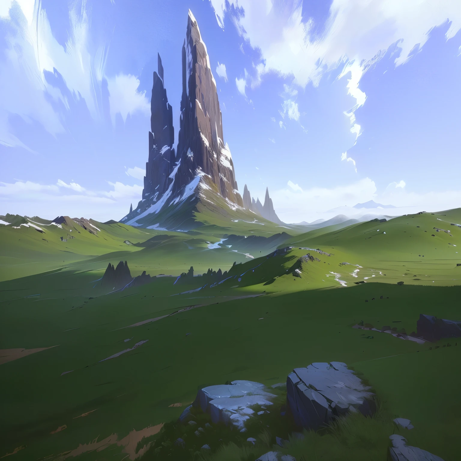 painting of a mountain with a grassy field and a few rocks, digital painting concept art, environment painting, an epic landscape, concept art. epic landscape, matte sharp painting, environment concept art, painterly concept art, dota! matte painting concept art, infinity blade concept art, oil paint concept art, matte digital painting, concept world art, rpg landscape, monumental mountains
