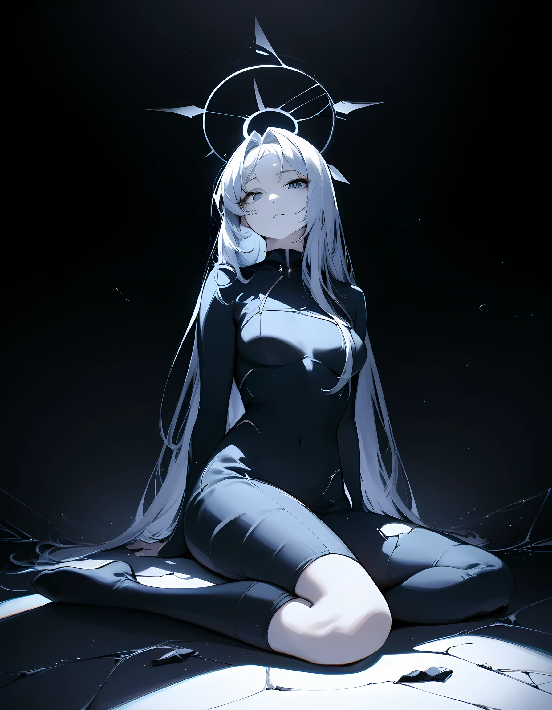 masterpiece,great,best,1girl,solo,medium breasts,broken halo,cracked halo,upper body,looking at viewer,full body,sitting,black halo,ambient composition,