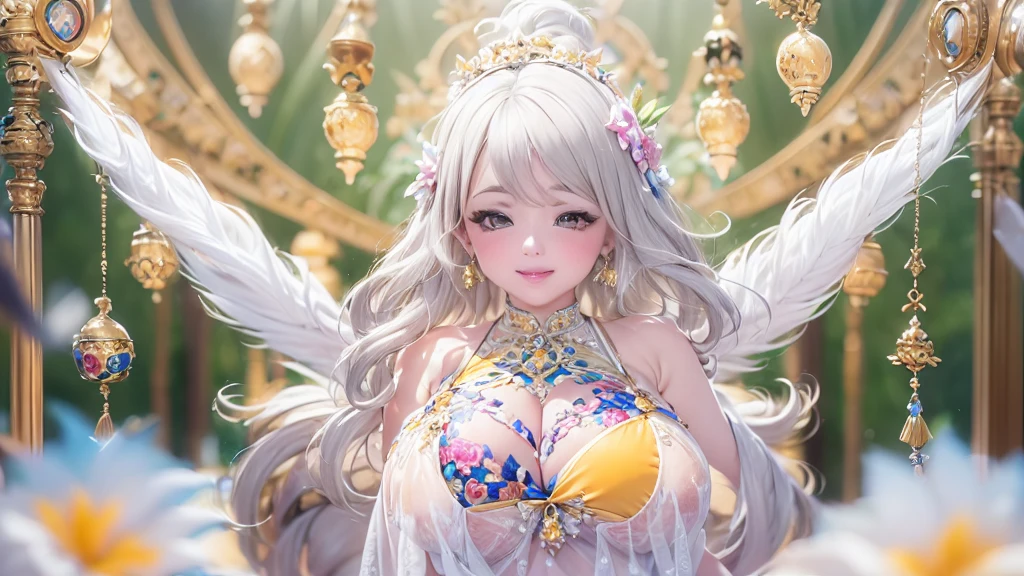 Mature Woman, Looking at the audience, Attractive breasts,Sensual curves、bubble、Full Body Shot,Nightgown, Charming smile, Thick lips, plump唇, blush, Looking at the audience, Provocative expression, Beautiful Hairstyles, Cleavage, plump、Curvy Hips、Attractive face、Mischievous face、Sexy Lingerie、An inviting gaze、Expressing emotions、colored feather, Money属装飾品, particle, Light, (masterpiece, highest quality, highest quality, Official Art, beautifully、aesthetic:1.2), (1 girl:1.3), Very detailed,(Fractal Art:1.1),(colorful:1.1)(flowerズ:1.3),Most detailed, (Dynamic pose), (Shiny skin), (Many colors :1.4), ,(Earrings:1.4), (feather:1.4),masterpiece,Mr.々Hair style,Moneyのヘッドバンド,Tulle covers the chest,Perfect balance, Detailed details of the garment,marble,cinematicLighting, Film Grain, contrast of Light and dark,High detail,(((Gorgeous Accessories))))、Openwork decoration,(((See-through dress)))、(((Anatomically correct body))) ,1 girl, (High resolution), (8k), (Very detailed), Perfect Face, Beautiful eyes and face, (((highest quality))), (Very detailed), Detailed face and eyes, Beautiful Eyes,(((Sexy pose))),Beautiful Eyes、Transparent double eyelids、(((Super gorgeous background)))、Bright Eyes,Money,diamond,gem,Body Chain,Luxury Accessories,beautifully、aesthetic,flower