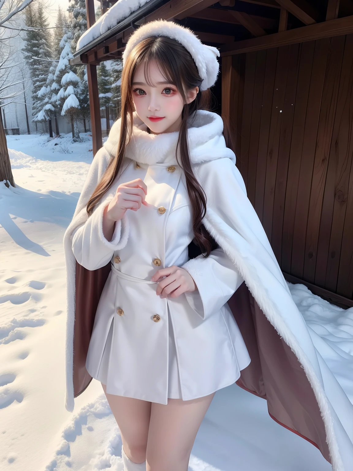 photorealistic, masterpiece, photorealistic, high resolution, soft light, hips up, Lolita costume，Cloak (Snow, Outdoor activities in winter:1.2)