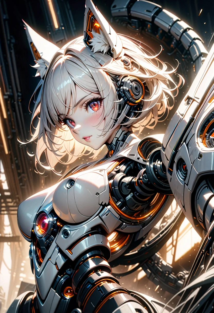 a girl with mechanical body, short white hair with furry ears, white robotic exterior with black mechanism inside, mechanical tail, all white with red eyes and lips, mechanism visible, repair hangar, cables connecting from hangar to body, many mechanical arms repairing body, sparks, eyes closed, front view, (best quality,4k,8k,highres,masterpiece:1.2),ultra-detailed,HDR,UHD,studio lighting,ultra-fine painting,sharp focus,physically-based rendering,extreme detail description,professional,vivid colors,bokeh,sci-fi