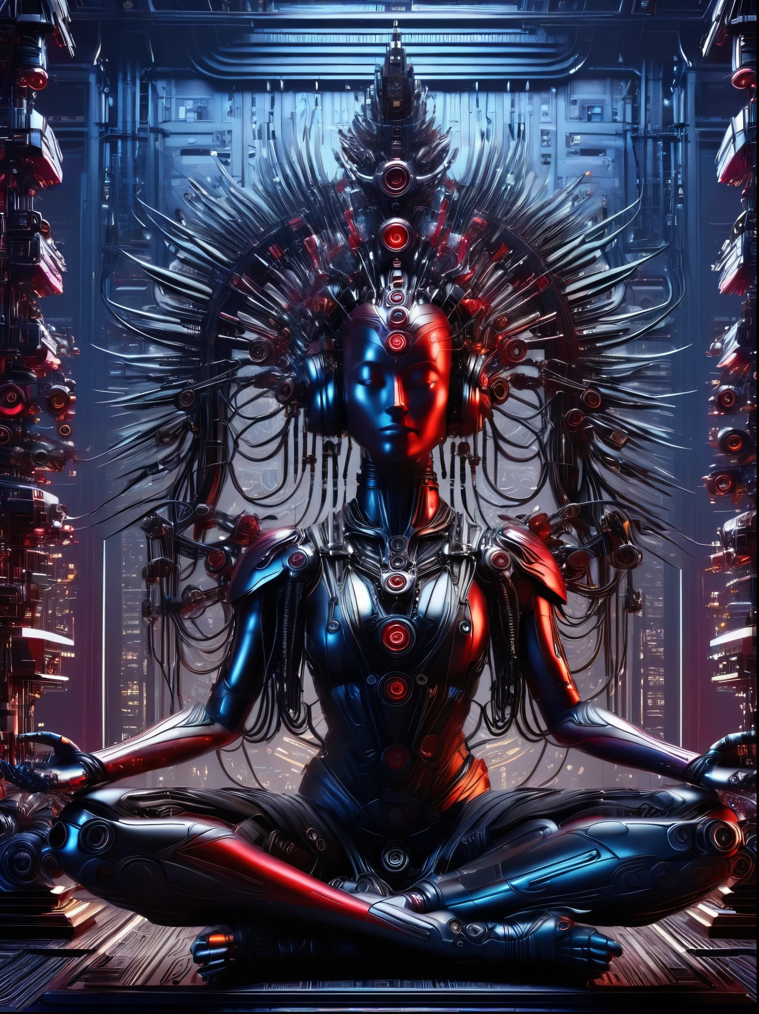 (Vision:1.3), (Full body shot:1.5), 1 red cyberpunk mechanical girl, many hands, Meditating, Sit cross-legged, Do meditation poses, Wearing an ornate headdress made of black metal parts, Precision mechanical body, Ultra-fine electronic components, Temple Background, light, musical note hair ornament, Surrealism, blind box toy style, Futurism, Conceptual art, Luminism, god rays, symmetry, first-person view, Ultra-Wide Angle, UHD, anatomically correct, accurate, masterpiece, award winning, 8k