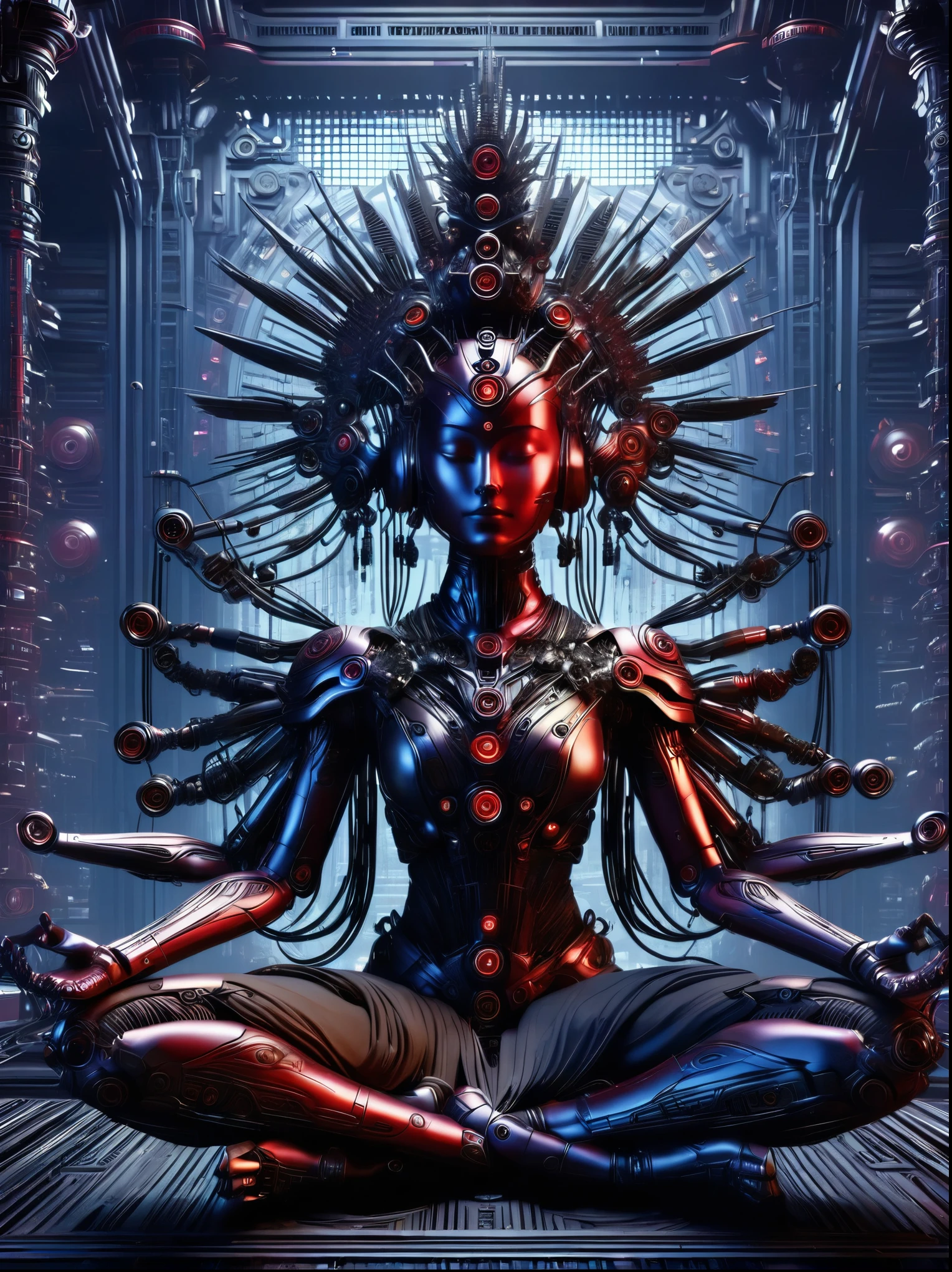 (Vision:1.3), (Full body shot:1.5), 1 red cyberpunk mechanical girl, many hands, Meditating, Sit cross-legged, Do meditation poses, Wearing an ornate headdress made of black metal parts, Precision mechanical body, Ultra-fine electronic components, Temple Background, light, musical note hair ornament, Surrealism, blind box toy style, Futurism, Conceptual art, Luminism, god rays, symmetry, first-person view, Ultra-Wide Angle, UHD, anatomically correct, accurate, masterpiece, award winning, 8k