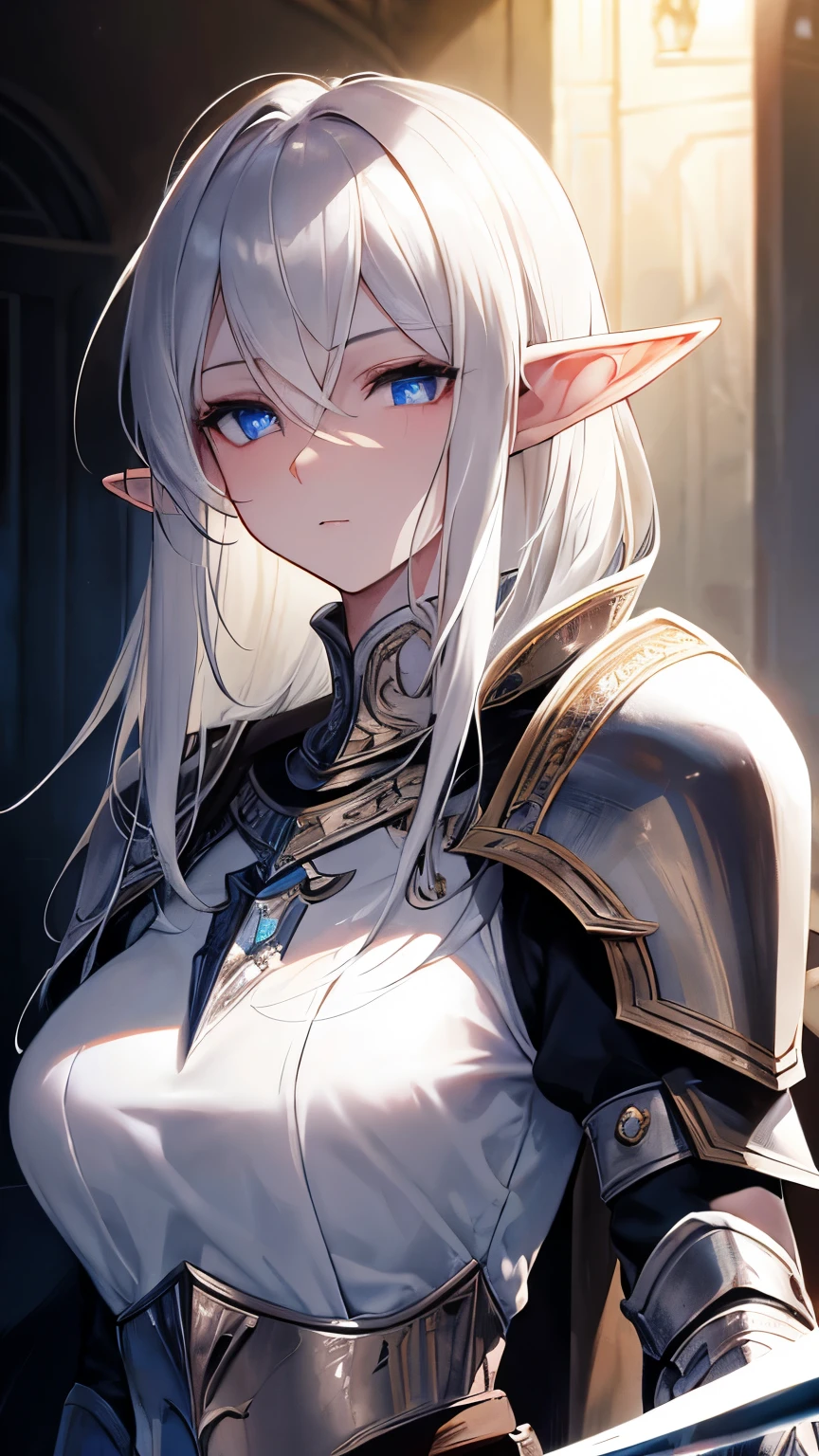 ((best quality)), ((masterpiece)), (detailed), perfect face, perfect detailed eyes, perfect detailed face, ultra-detailed nose, silver hair, messy hair, hair over eyes, medium hair, pale skin, forehead mark, pointy ears, cinematic lighting, chiaroscuro, elf, Female Knight, Elf Hero, (Wearing black armor, Hold a dagger in right hand), cowboy shot