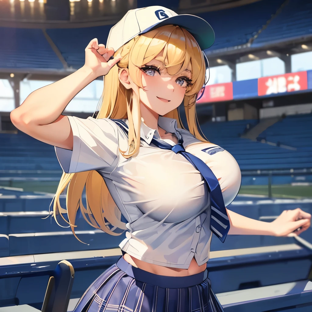 masterpiece, best quality, 8k, complete anatomy, Japanese female, blonde hair, (big breasts:1.4), high-school uniform, white short sleeve shirt, blue striped tie, navy plaid skirt, baseball cap, big smile, in the stadium