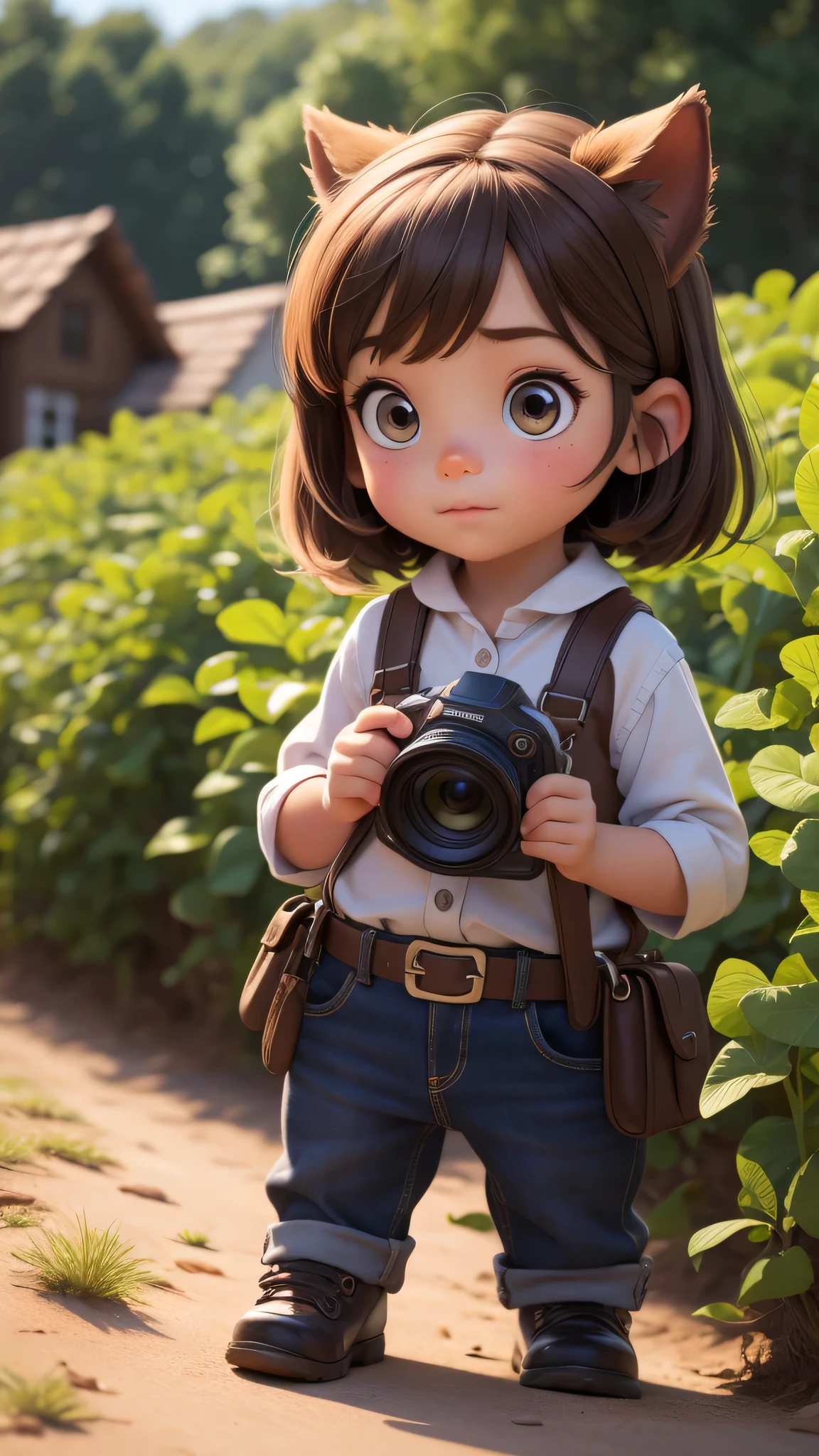 Little Explorer's Journey: A jumping in the forest, Carrying a small blue backpack, shirt, black shorts, blue hiking boots