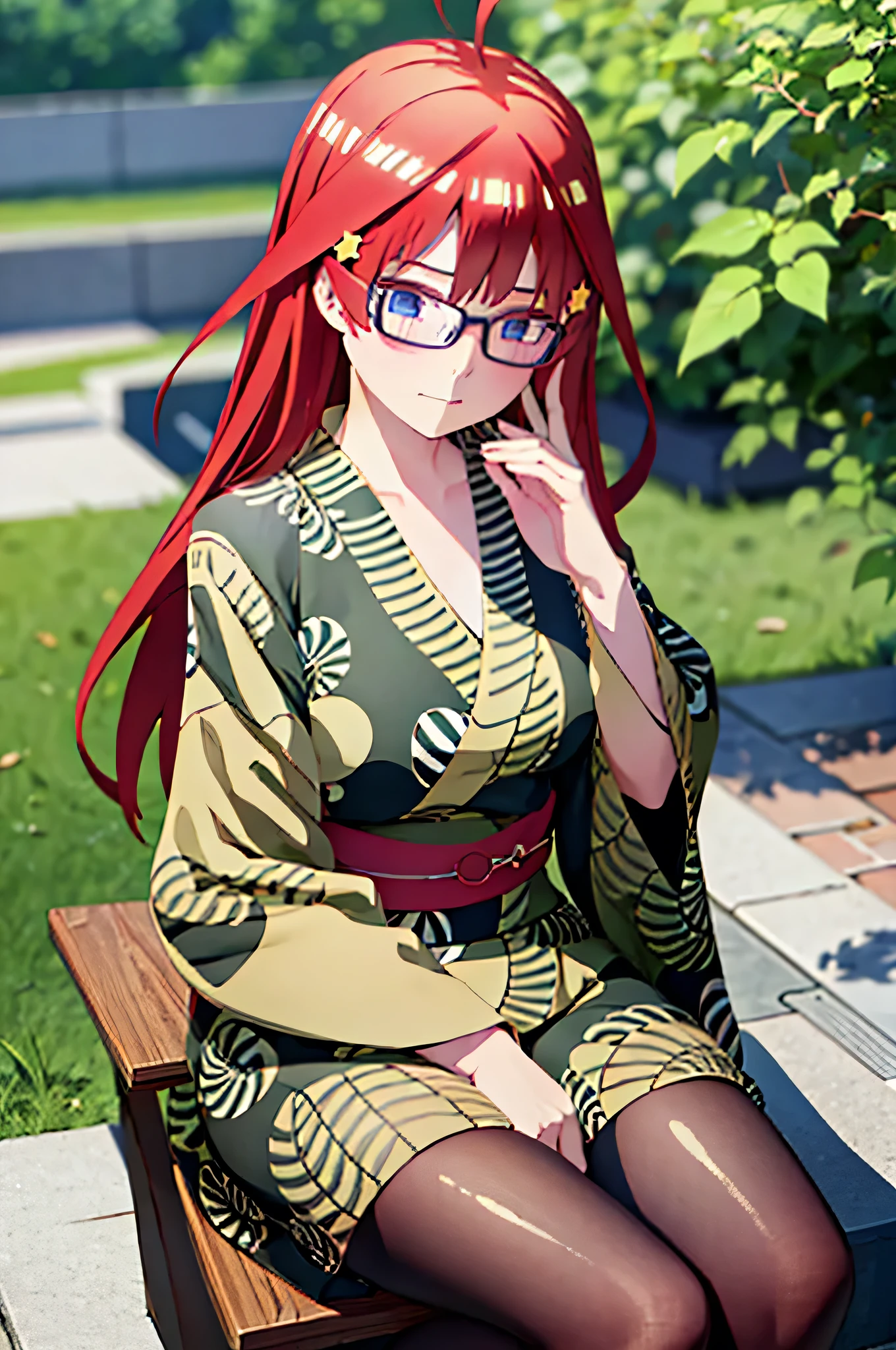 (Masterpiece, Best Quality:1.2), solo, 1girl, Itsuki ,unamused, closed mouth, looking a viewer, hand on our face, sitting, Short black kimono ,big thighs,crossing legs