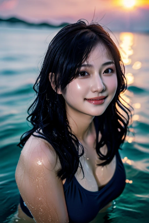 Beautiful Wife、Plump body、School Swimsuit、Navy、Wavy hair、Large women、Eroticism、I came out of the sea completely soaked.、Wet and glowing body、Gloss、smile、Masterpiece、4K High Resolution、Photorealistic、