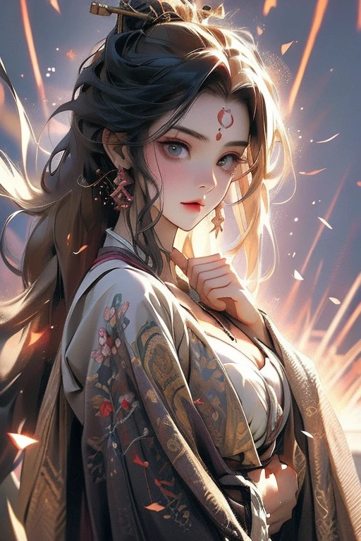 Zerg Queen Beautiful Girl: Ranlinger, 18 years old, Messy Hair, oil, Romanticism painting, Beautiful Perfect Face, Soft Skin、Perfect Face, Yasutomo Oka's painting style, Big Breasts, Add light purple and purple, Add Light Red, Intricate details, Splash screen, 8K resolution, masterpiece, Cute Face, Big temple, mysterious magic circle background, Geometric mural, Colorful background, Break, Blonde, Strong winds, lightning, Alexander the Great, Alexandria