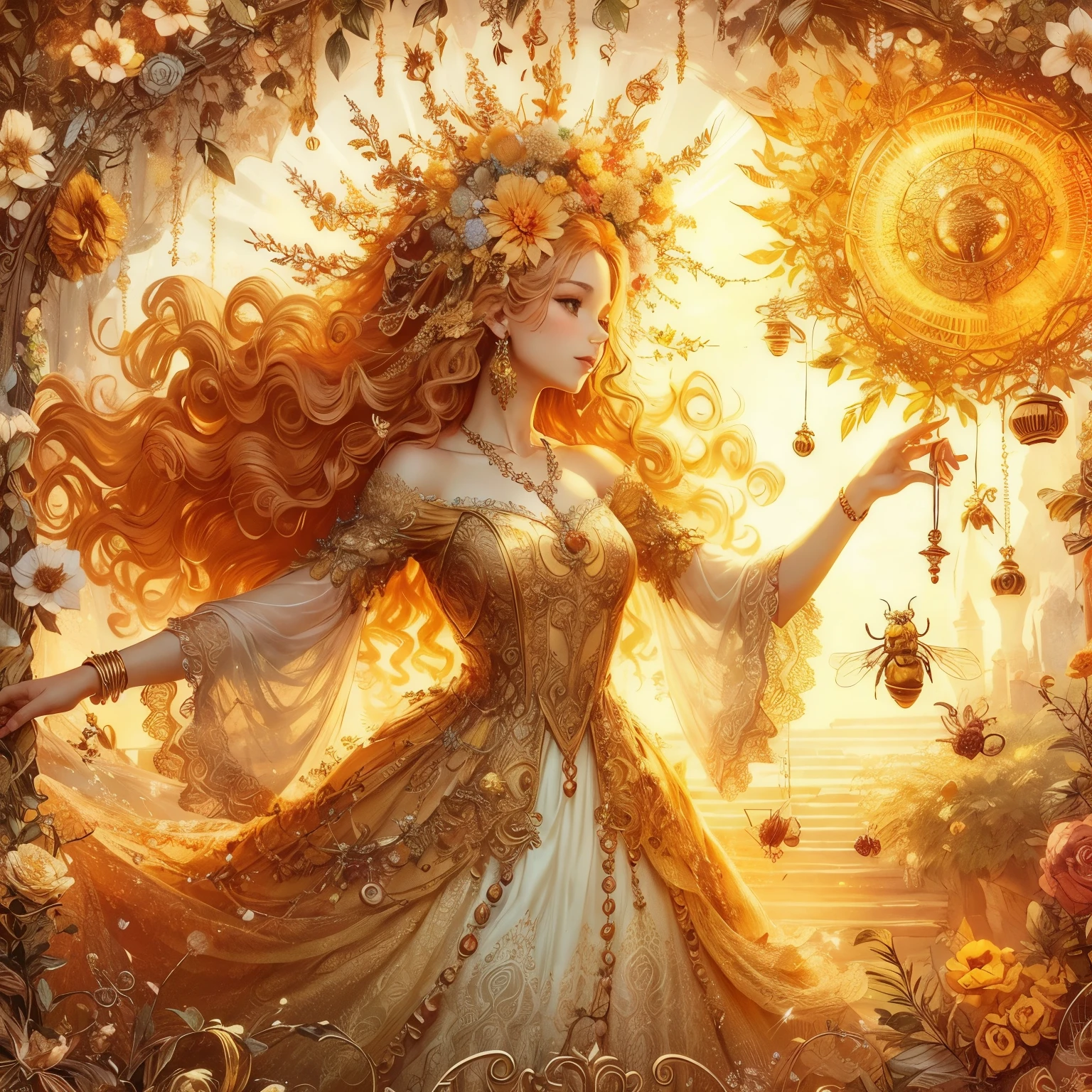 in the golden rays of the day the sun fairy dances her fiery charms and bells and bees and honey well treble out across the seas, much jewelry, topiary, filigree, beautiful silken dress, lacey accessories, time, full beautiful hair, beautiful eyes, swirling curling twirling beautiful fluffy hair,