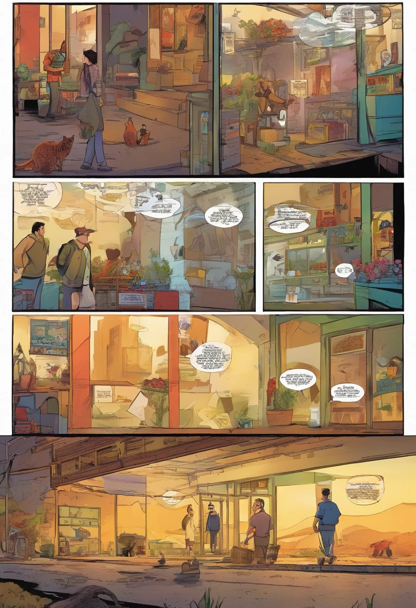 American comics, the comic story is presented in multiple irregular panels with color. The American Shorthair cat goes through hardships while running away from home and then reunites with its owner. The style is exaggerated and detailed