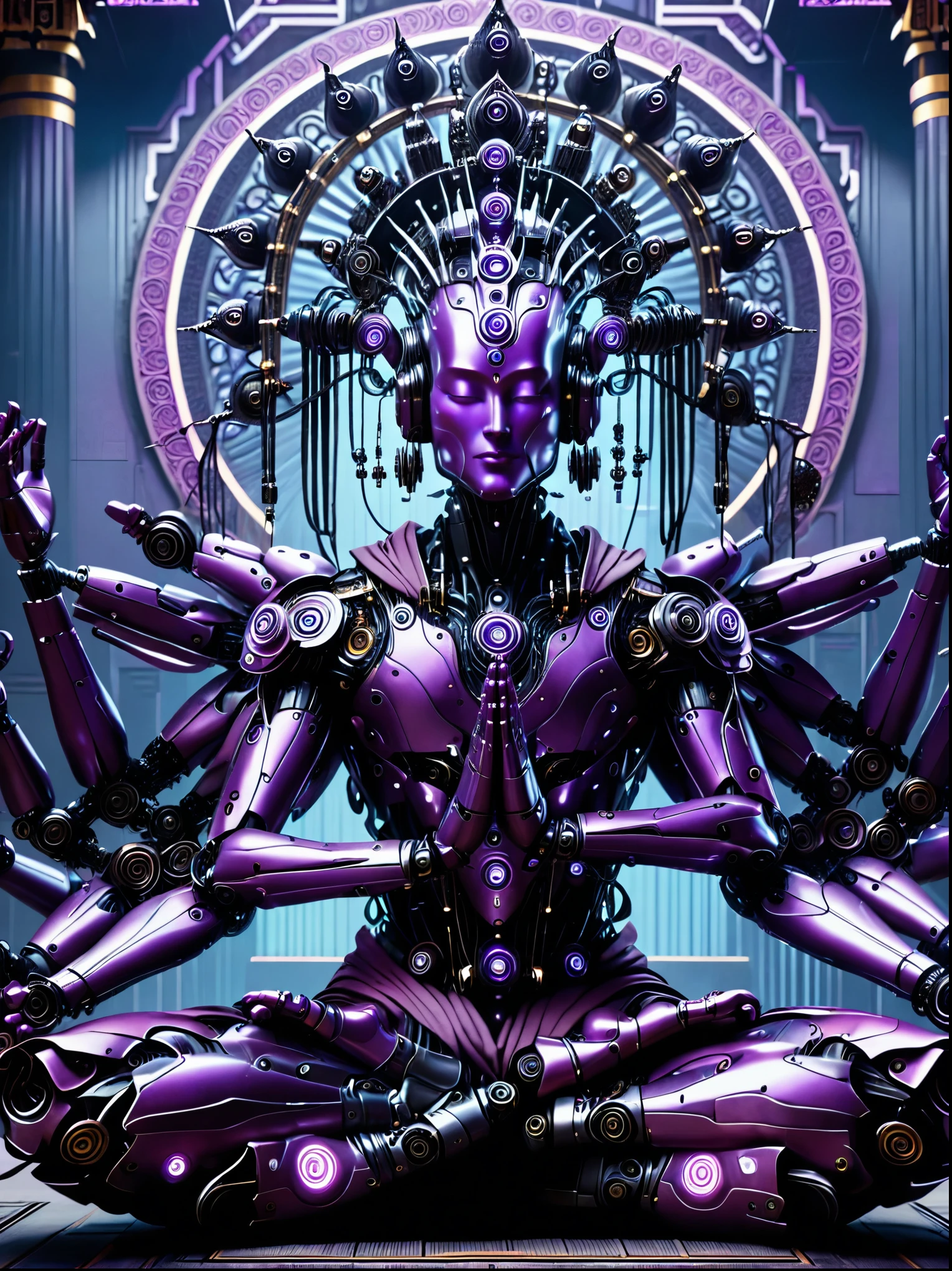 (Vision:1.3)，(Full body shot)，(Ultra wide angle)，A purple cyberpunk robot monk with folded hands, multiple hands, meditating, sitting in lotus position, doing meditation pose, wearing an ornate headdress made of black metal parts, precision mechanical body, ultra-fine electronic components, temple background, surrealism, cinematic lighting, (medium shot:1.4), (full length shot:1.4)