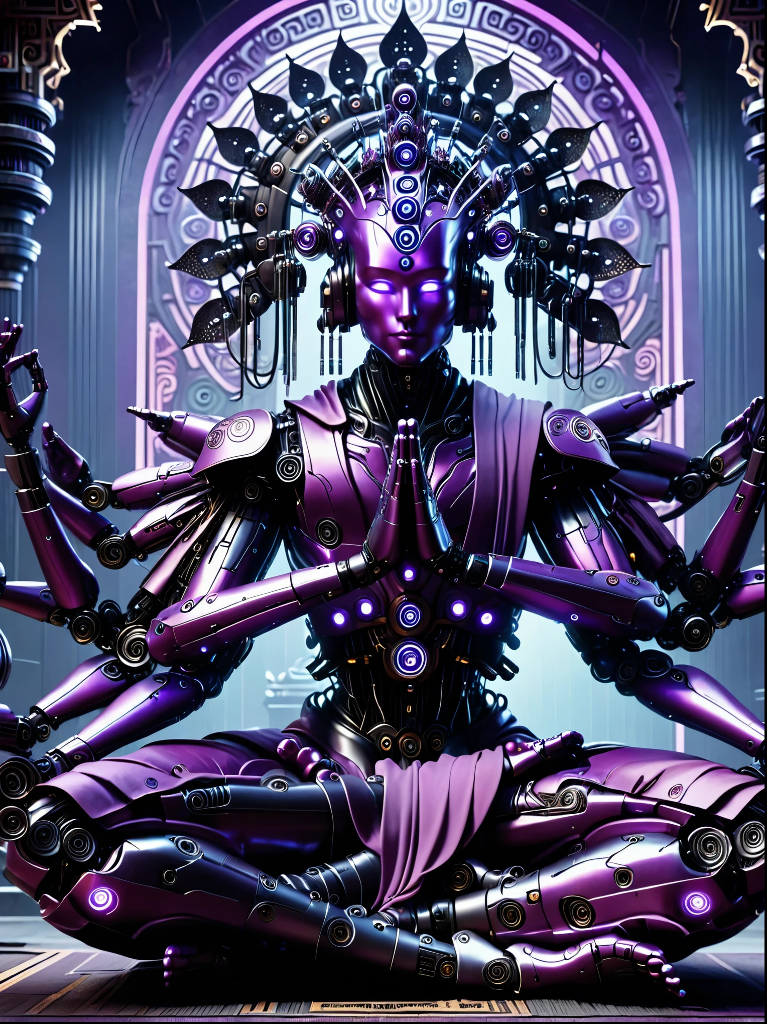 (Vision:1.3)，(Full body shot)，(Ultra wide angle)，A purple cyberpunk robot monk with folded hands, multiple hands, meditating, sitting in lotus position, doing meditation pose, wearing an ornate headdress made of black metal parts, precision mechanical body, ultra-fine electronic components, temple background, surrealism, cinematic lighting, (medium shot:1.4), (full length shot:1.4)