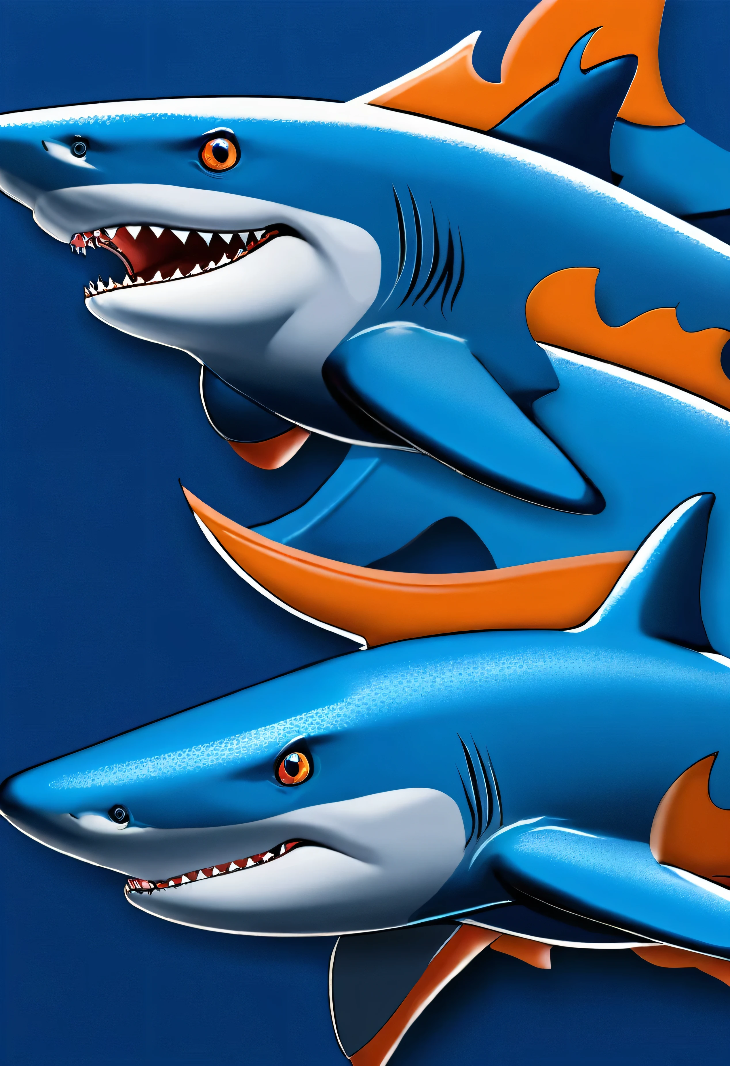 Logo for swimming sharks SPORT CLUB, club with an emphasis on swimming, boasts vibrant azul and naranja colors. 8k florida blue annd orange The most essential element of this design is a bold, muscular shark, symbolizing the swimming prowess of the club members. This striking image exudes an aura of power and agility, resonating with the competitive spirit of the club. super high definition, masterpiece, idonis of a shark, This masterpiece, adorned with unparalleled detail and realism, is a credit to the 3D rendering skills of its creator. The shark's sleek, finless body glides gracefully, adorned with intricately detailed scales. Its piercing azul eyes radiate