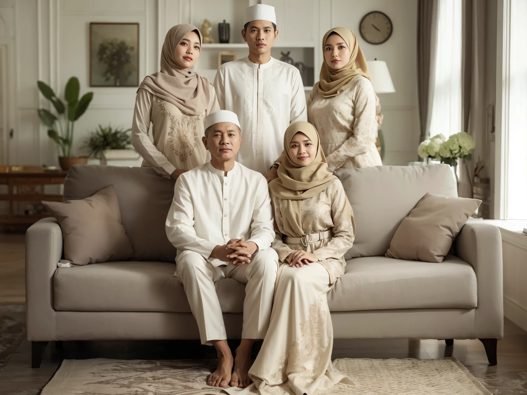 Indonesian family photo, five members, father and mother aged 45 years sitting on the sofa, two women and one teenager standing behind the sofa, they are compactly wearing cream-colored Muslim clothes and the same color and harmonious sharia long dresses, wearing hijab, looks luxurious, realistic photo, living room background, daylight illumination, green flower vase, detailed, best photography, uhd, 32k 