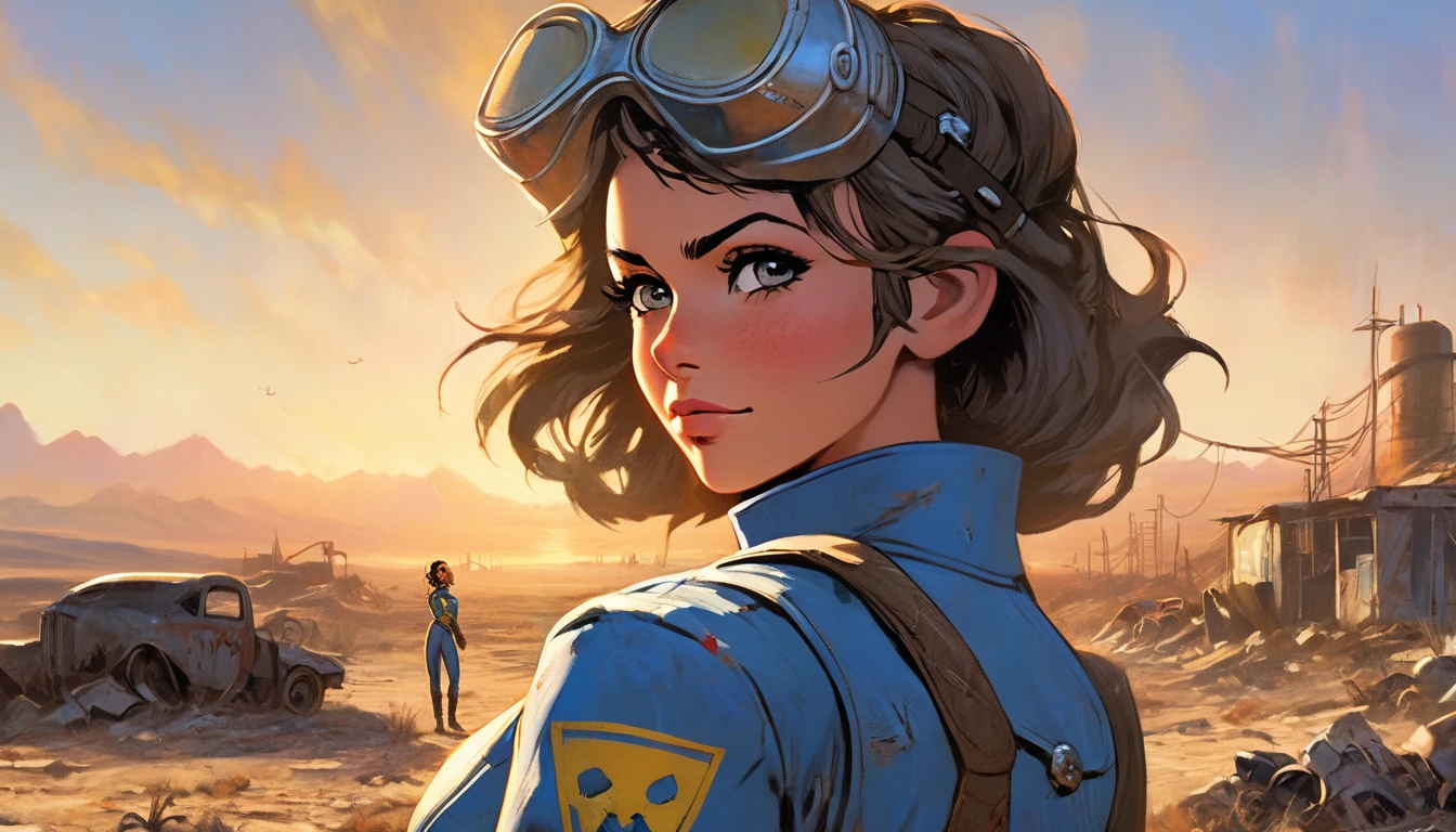 1girl, expressive eyes, tanned skin, wink, in fallout jumpsuit, wasteland in sunset in background, detail richness, masterpiece, best quality, fallout style