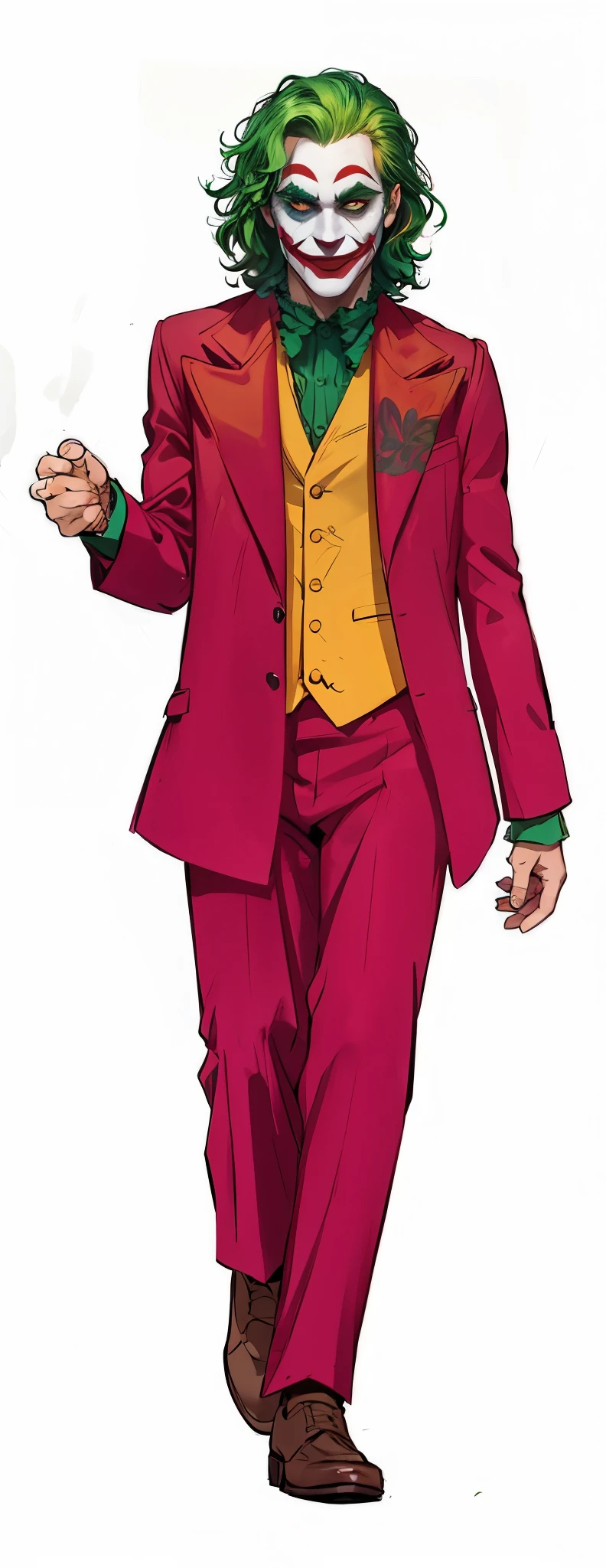 Joaquin Phoenix, Joker, filme, cinema, extremamente realista, Terno vermelho, detalhe amarelo, cabelo verde, clown makeup, sorriso malicioso 