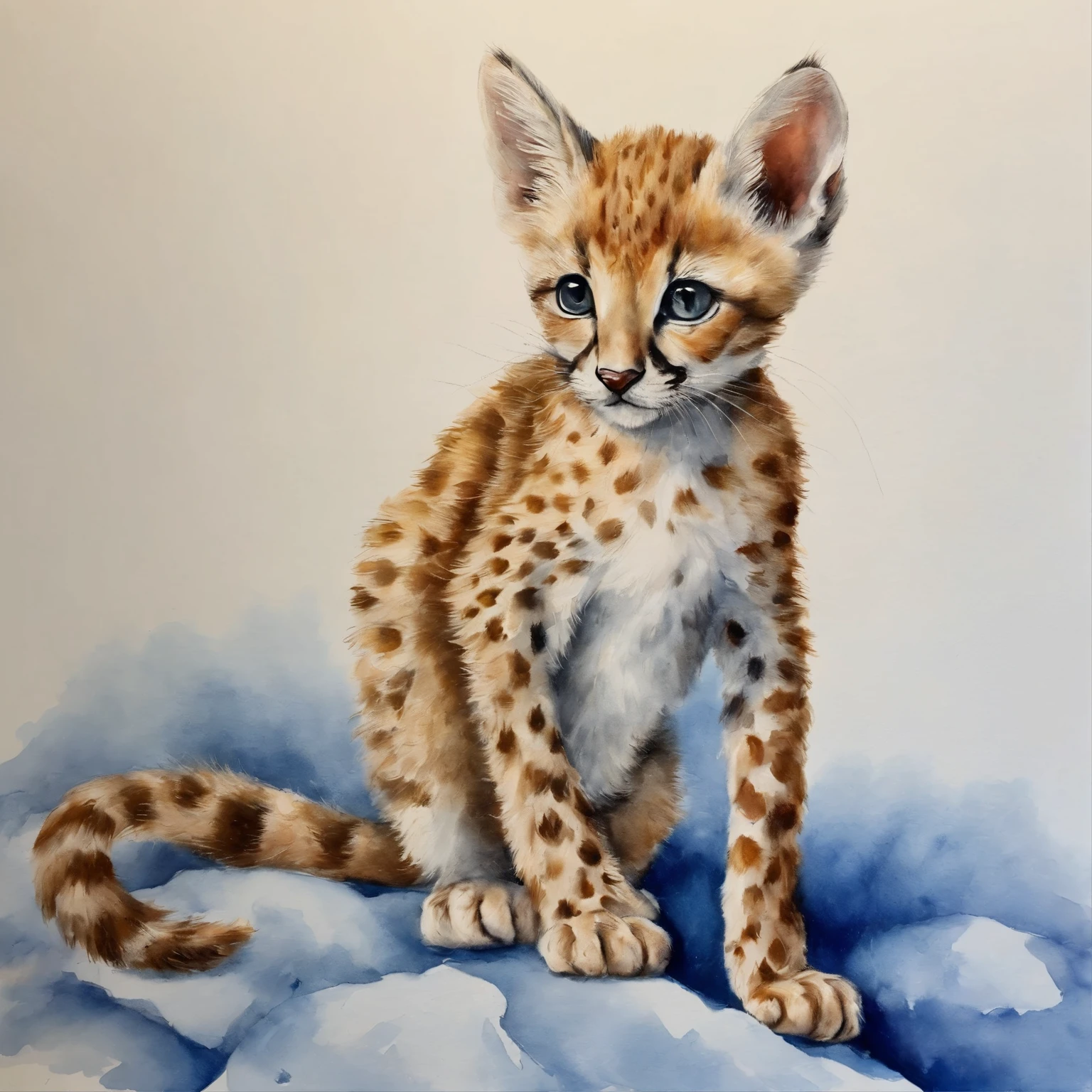 there is a small cat that is standing on a blue carpet, a pastel by Tadashi Nakayama, reddit, optical illusion, adorable appearance!!!, awesome cat, the cat looks like giraffe, has a very realistic look to it, spotted ultra realistic, white with black spots, cyborg kitten, hyper detailed!!!, hyper detailed!!, cat giraffe hybrid, painfully adorable