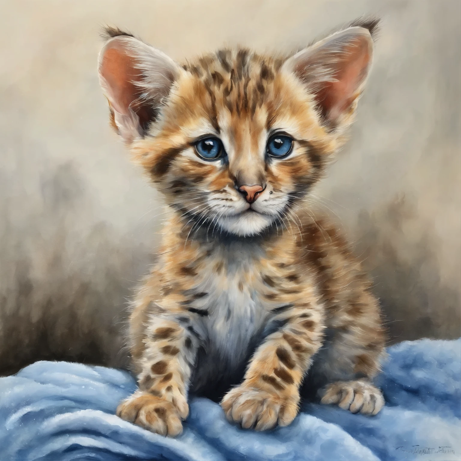 there is a small cat that is standing on a blue carpet, a pastel by Tadashi Nakayama, reddit, optical illusion, adorable appearance!!!, awesome cat, the cat looks like giraffe, has a very realistic look to it, spotted ultra realistic, white with black spots, cyborg kitten, hyper detailed!!!, hyper detailed!!, cat giraffe hybrid, painfully adorable