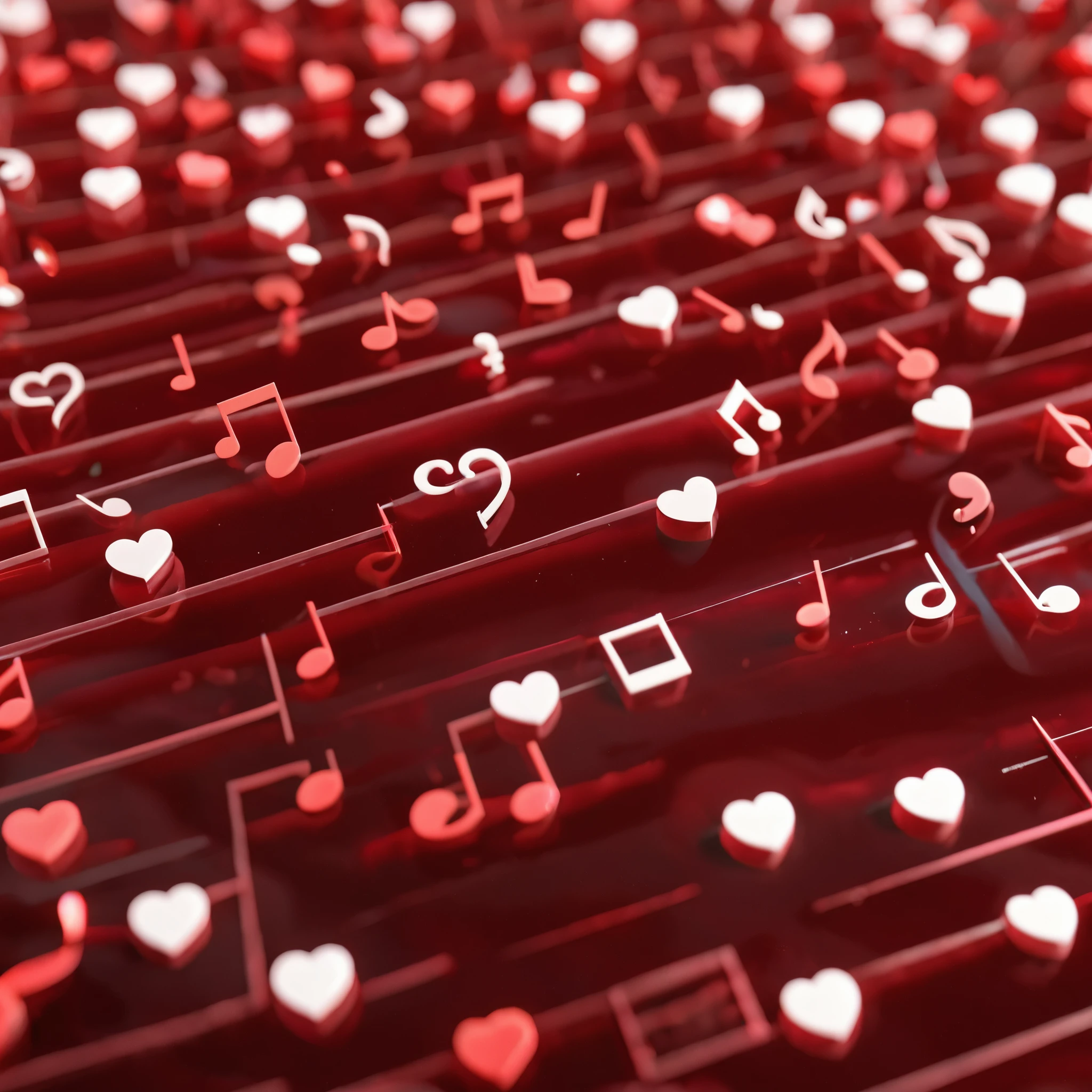 intricate floating 3D red shiny hearts,3D music notes,vibrant colors,highly detailed,8K,photorealistic,cinematic lighting,dramatic composition,masterpiece,beautiful,elegant,mesmerizing