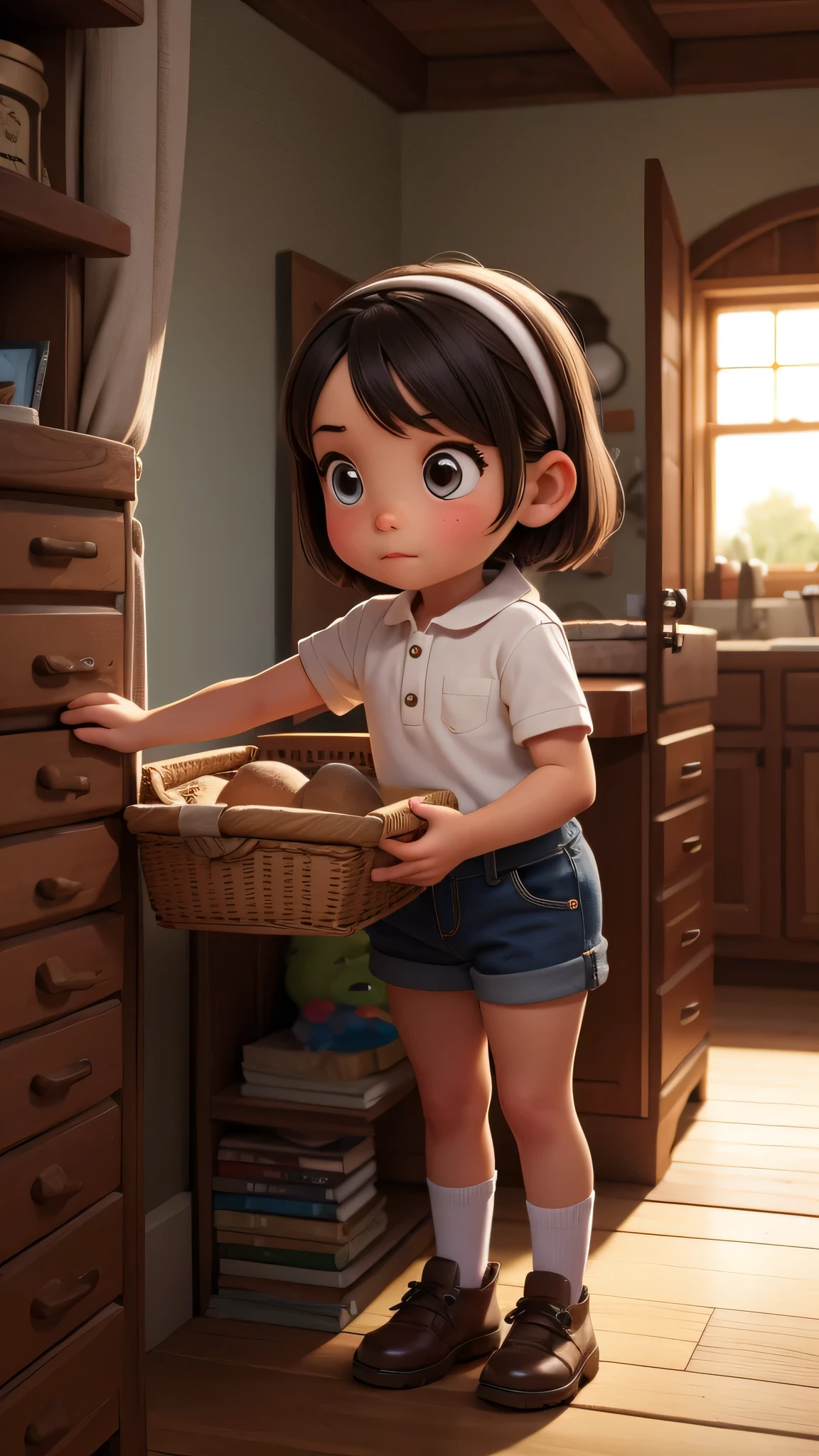 Little Explorer&#39;s Journey: A little boy jumping in the forest, Carrying a small blue backpack, shirt, black shorts, blue hiking boots