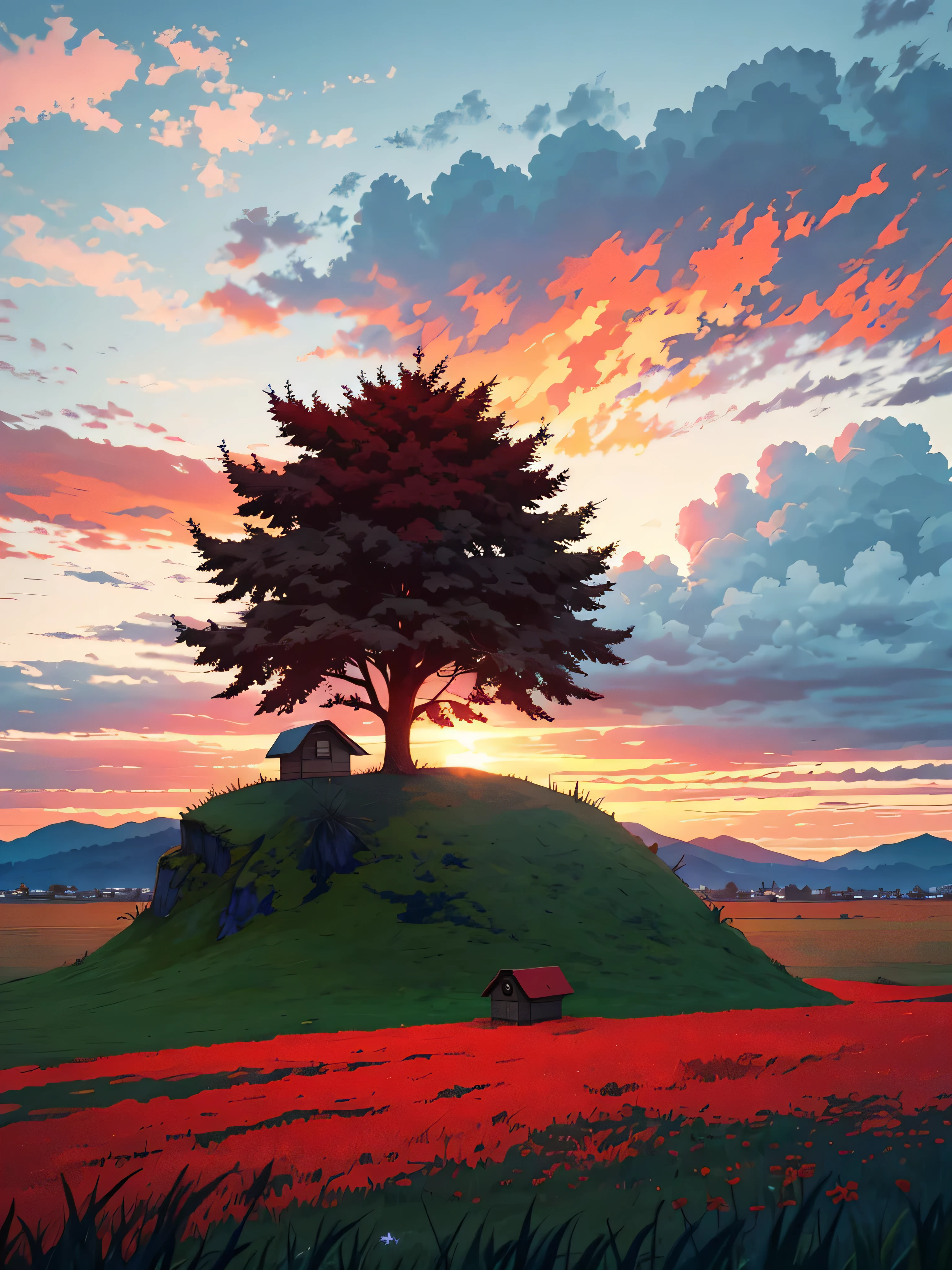 A masterpiece of a lone  small hut with one tree in middle of grassy field  , mostly cloudy sky，Windy，Blue and red sky，high qulity，best qualtiy，rtx，4k，8k，