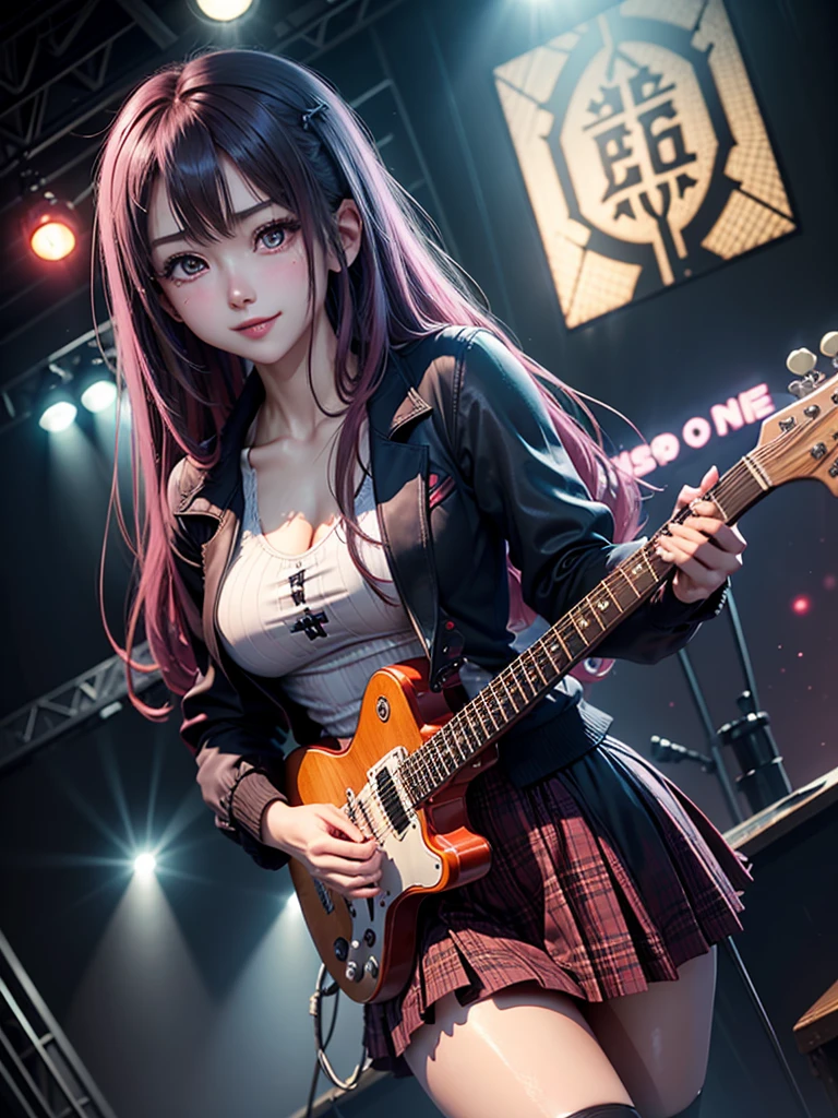High school girl blazer、 uniform、Red checked knee-length skirt、Long skirt、JK Style、Jacket、smile、Knee-high socks、Thigh-high socks、pantyhose、A superb beauty、Super cute、ennui、Rare beauty、Twin tail hair、Black Dark Eyeshadow、Sad、Good skin glow、Long hair straightener、Dark Gothic Makeup、Dark Smile、Fragrant beauty、Stained glass background、Mastepiece、Best Quality、Refers to 5 books、Sweat glistening on my chest、Sweat glistening on my face、Small breasts、Dark pink hair、Age 22 years old、Slightly slim、Mysterious look、A sad expression、Pink Hair、mysterious gothic church、enchanting castle、Sweating profusely all over the body、A lot of sweat and light on the thighs、Shiny thighs、Plenty of sweat glistening on the thighs、A large amount of sweat glistens on my thighs、Sweating profusely、Gal、Small breasts、japanese face、Alluring expression、Thin thighs、Playing guitar、I have a guitar、Sing a song enthusiastically、Playing guitar in a band、Playing guitar chords、Live House Background、Sing a song、Open your mouth、Live house scenery、Mike stand、Glamorous live stage、Dynamic Angle、