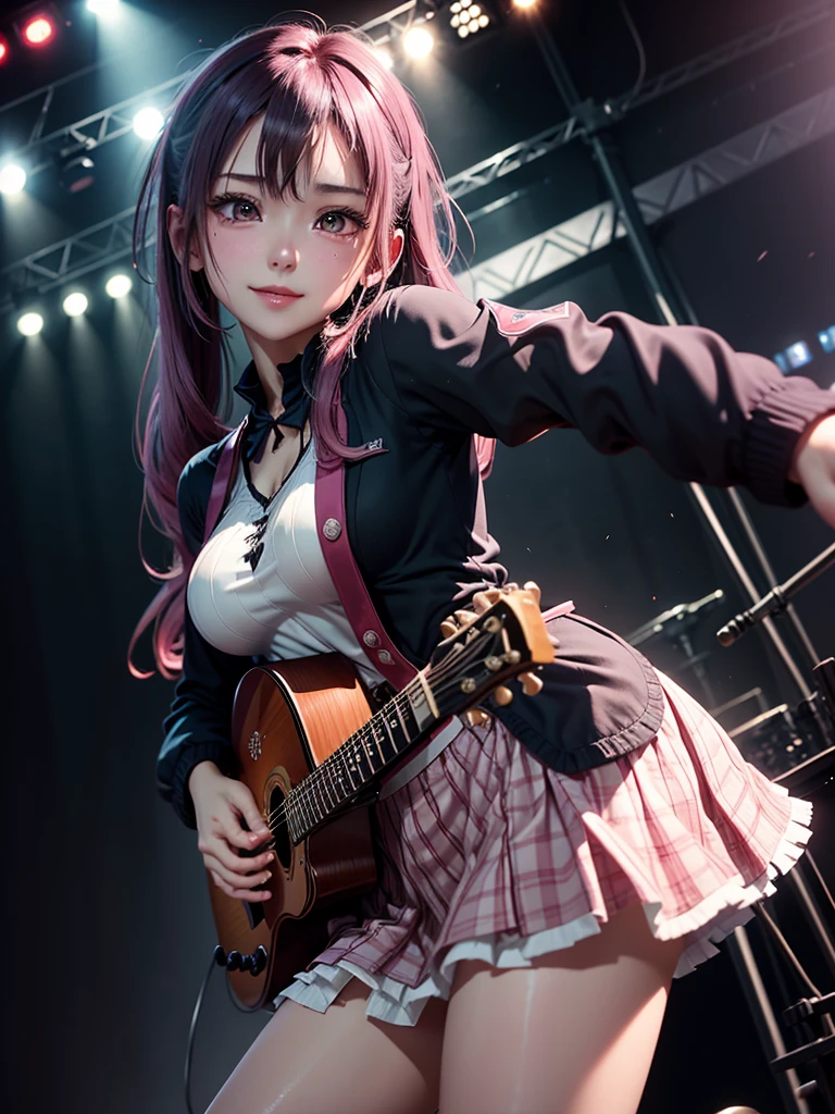 High school girl blazer、 uniform、Red checked knee-length skirt、Long skirt、JK Style、Jacket、smile、Knee-high socks、Thigh-high socks、pantyhose、A superb beauty、Super cute、ennui、Rare beauty、Twin tail hair、Black Dark Eyeshadow、Sad、Good skin glow、Long hair straightener、Dark Gothic Makeup、Dark Smile、Fragrant beauty、Stained glass background、Mastepiece、Best Quality、Refers to 5 books、Sweat glistening on my chest、Sweat glistening on my face、Small breasts、Dark pink hair、Age 22 years old、Slightly slim、Mysterious look、A sad expression、Pink Hair、mysterious gothic church、enchanting castle、Sweating profusely all over the body、A lot of sweat and light on the thighs、Shiny thighs、Plenty of sweat glistening on the thighs、A large amount of sweat glistens on my thighs、Sweating profusely、Gal、Small breasts、japanese face、Alluring expression、Thin thighs、Playing guitar、I have a guitar、Sing a song enthusiastically、Playing guitar in a band、Playing guitar chords、Live House Background、Sing a song、Open your mouth、Live house scenery、Mike stand、Glamorous live stage、Dynamic Angle、