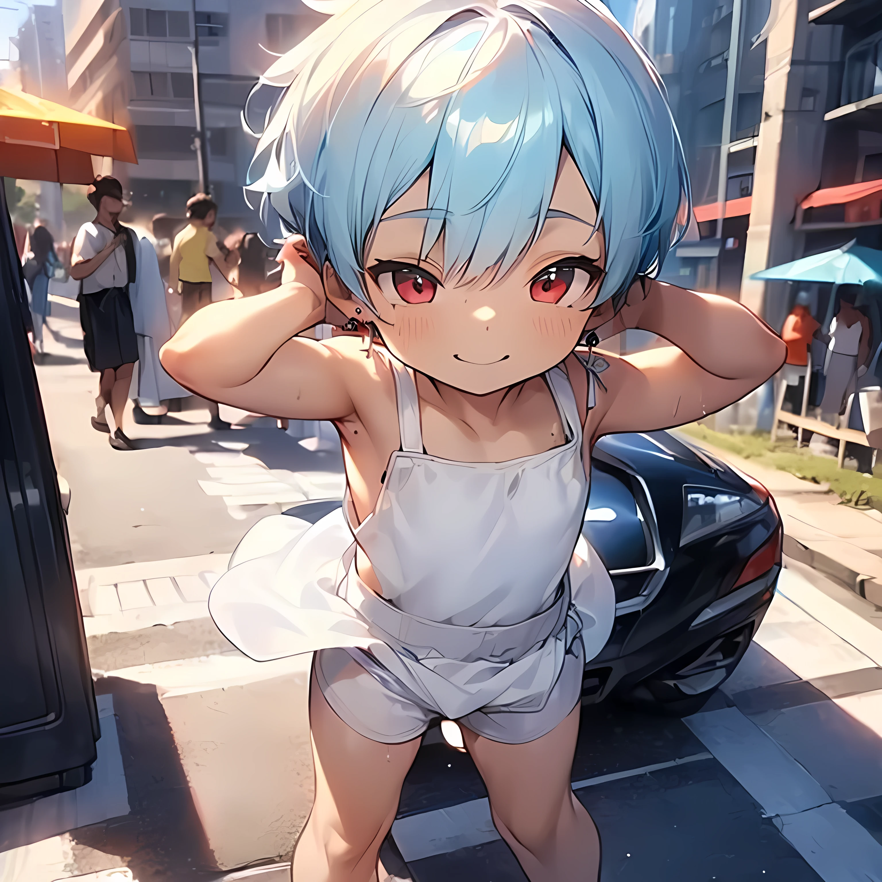 (shota:1.5), (baggy white tank top:1.5), (white panties:1.4), (bulge:1.5), (claw pose:1.3), (((best quality))), (insanely detailed), (beautiful), ((masterpiece)), ((High quality)), (Ultra detailed), (skinny:1.3), ((spiked hair)), (wind blowing), (blue hair), wine red eyes, (raised arms), (smiling:1.5),  (((open mouth))), ((earrings)), blue sky, grass, (choker on neck), armpits, nipple, (see through wet clothes), abs, center, (look up), (((from above)))