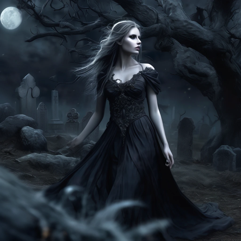 a death elf, female, wispy long hair, pitch black eyes, porcelain white skin, lots of dark veins, sheer dark dress billowing in an evil wind, her feet hover over the ground, undead slowly emerge from the ground to serve her, moonlit night in a cemetery, fantasy, dark fantasy, gothic, dramatic lighting, moody, cinematic, highly detailed, intricate, photorealistic, 8k, masterpiece, (best quality, 4k, 8k, highres, masterpiece:1.2), ultra-detailed, (realistic, photorealistic, photo-realistic:1.37), HDR, UHD, studio lighting, ultra-fine painting, sharp focus, physically-based rendering, extreme detail description, professional, vivid colors, bokeh
