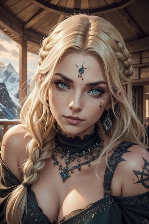 (huge Laughing:0.5), (open mouth:0.4), (wide open huge bright lovely eyes:1.2) (((CAMERA FACING UP 1.3, FISH-EYE-LENS 1.3, wide-angle 
-lens 1.3, bokeh effect)))  masterpiece,high quality,4k , FULL BODY VISIBLE, goth emo punk barbarian Viking woman, dramatic makeup of an evil queen, freckles, absolute babe, so many freckles, warrior face paint, messy warrior eye paint eyeshadow, long unkempt wavy messy voluminous blonde hair flowing down her body, one large messy braid, bare shoulder,, many Viking Tattoos on body and arms , slim;, beautiful shoulders and collarbone, (small breasts), jaw structure of someone who works out, wearing wide neck off-shoulder fur warrior armor for battle including pants, green eyes, in a fantastical winter forest with mountains and northern lights, fantasy setting,, night time on a snowy day, ((extremely detailed face, mature intelligent gorgeous face)), stockings, wide hips , expression of absolute love and adoration, a lot of jewelry, pretty eye makeup, gorgeous lips , a Viking princess, regal personality, oil painting style, big beautiful eyes looking intelligent looking at camera, 