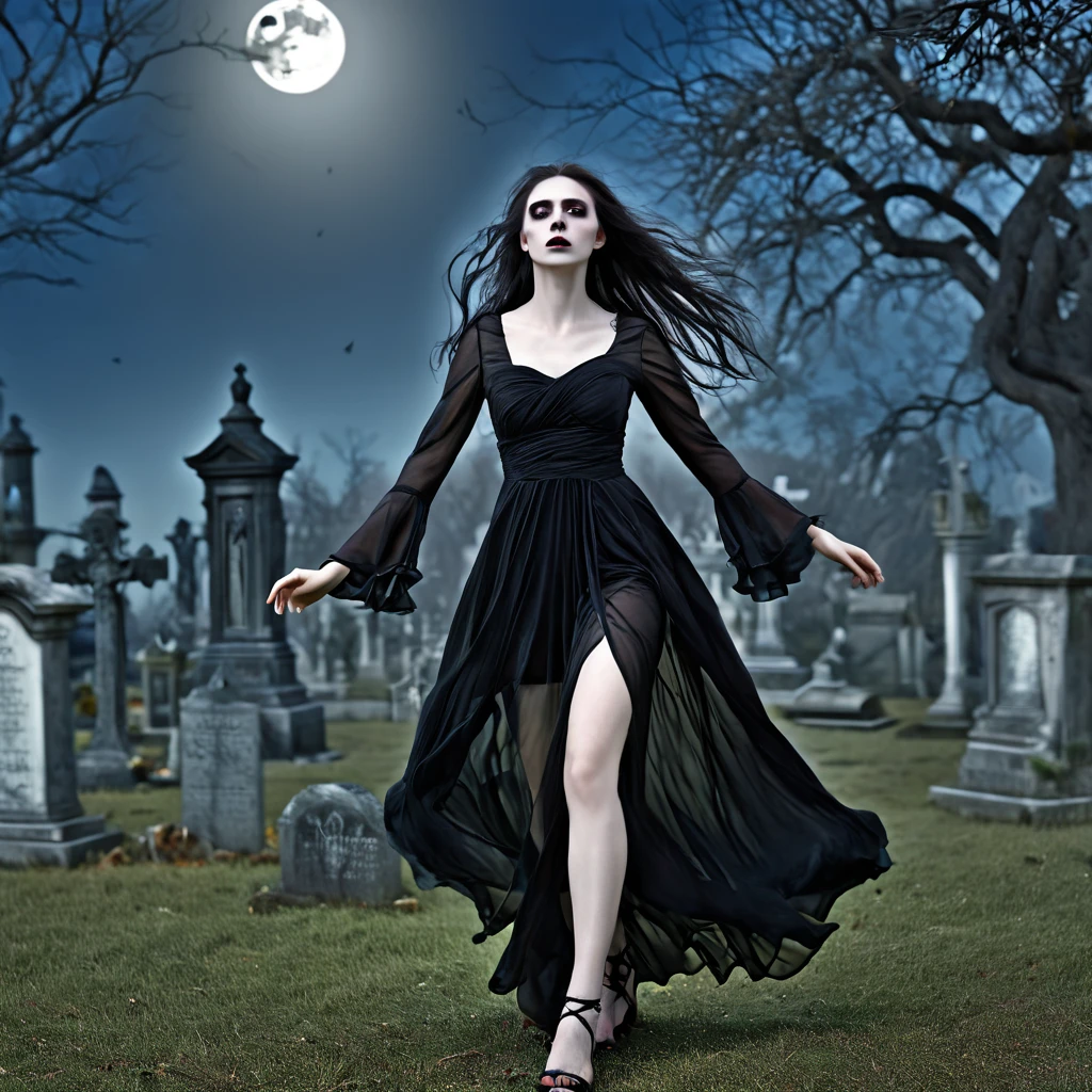 a death elf, female, wispy long hair, pitch black eyes, porcelain white skin, lots of dark veins, sheer dark dress billowing in an evil wind, her feet hover over the ground, undead slowly emerge from the ground to serve her, moonlit night in a cemetery, fantasy, dark fantasy, gothic, dramatic lighting, moody, cinematic, highly detailed, intricate, photorealistic, 8k, masterpiece, (best quality, 4k, 8k, highres, masterpiece:1.2), ultra-detailed, (realistic, photorealistic, photo-realistic:1.37), HDR, UHD, studio lighting, ultra-fine painting, sharp focus, physically-based rendering, extreme detail description, professional, vivid colors, bokeh
