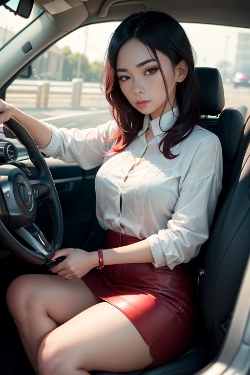 (((A woman sitting in a car, holding the steering wheel and looking ahead)))、Lü Ji によるStock Photo、Introduced by the CG Association、aesthetics、Female、Stylish red fashion、Stock Photo
