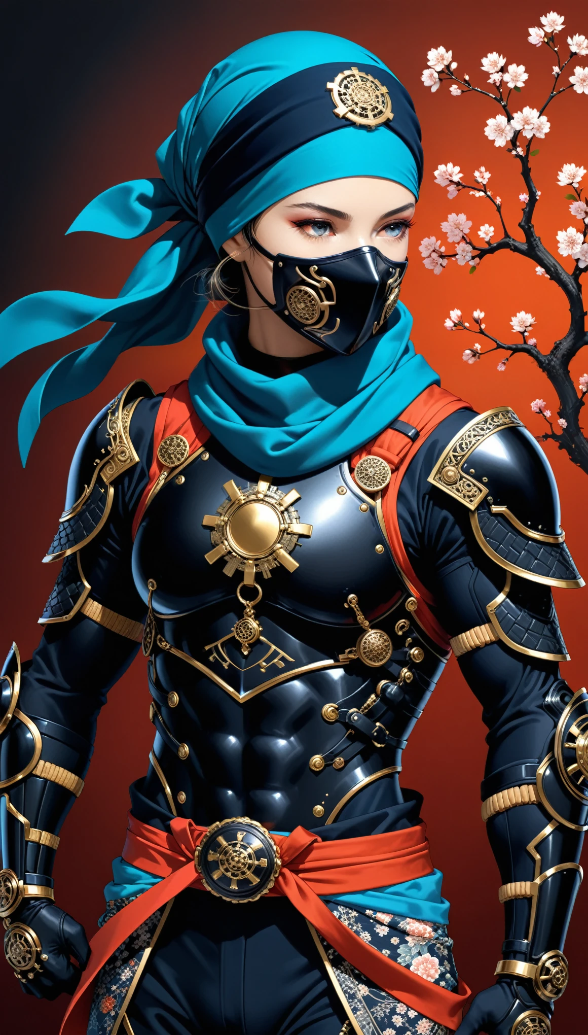 (in style of Nick Veasey:1.4),in style of Karol Bak,2D style,vivid colors,brilliant colors,multiple colors,multi-color gradient,
1girl,(cowboy_shot:1.3),old japanese ninja,ring background composition,minimalist cherry blossom badge pattern background,
(wrap in a headscarf:1.4),Face Mask: glowing fluorescence bule,Ninja Suit: Dark Navy Blue and Black,Jacket: Black,Pants: Black,Belt: Black or Dark Gray,Leg Wraps: Black,Scarf: dark red,Wrist Guards: Black,Gloves: Black,Straw Sandals: Natural Straw Color or Black,Split-Toe Socks: Black,Shoulder Guards: Black,
(insanely detailed and intricate, hypermaximalist, elegant, ornate, hyper realistic, super detailed:1.1),(dynamic pose:1.3),fighting,