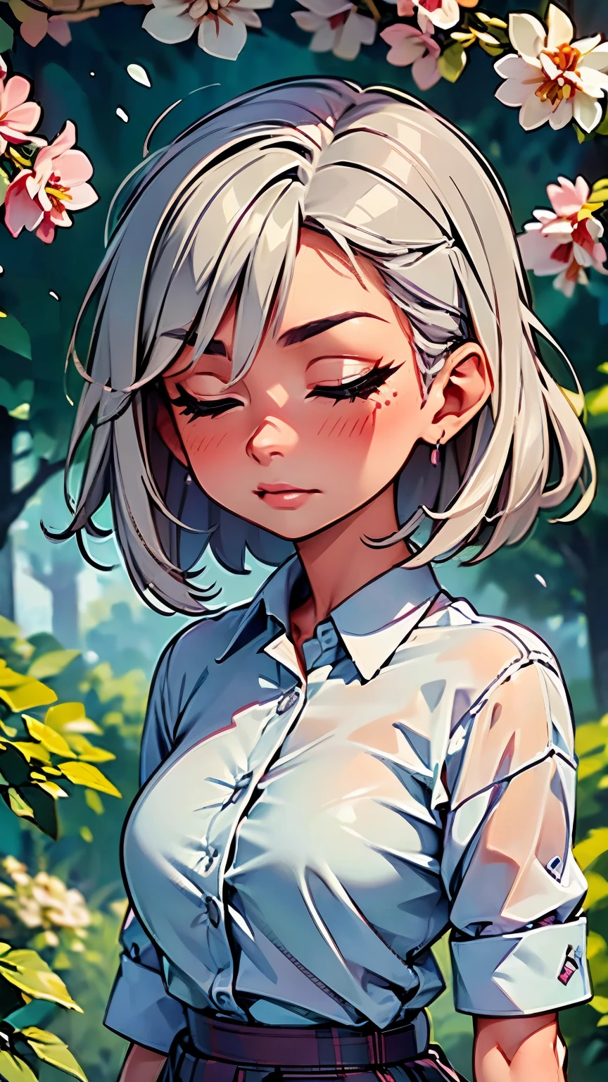 blooming grey haired girl  exhaling smoke, behind her blooming cherry bloosom trees,  rainy summer vibe, mist, vibrant colors, eyes closed enjoying the sounds of the trees, cannabis