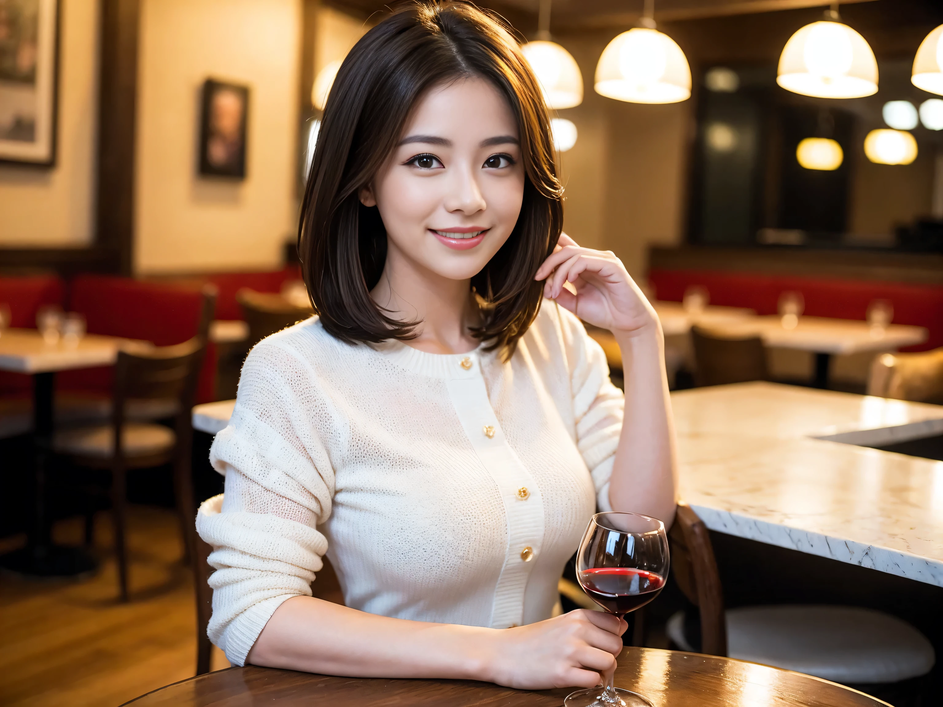 ((highest quality、8k、masterpiece:1.3))、Satomi Ishihara lookalike beauty、1 male、1 female、Couple、Spouse、half、The body is slim、((Bob Hale、Straight hair:1.2)), (Realistic, Intricate details:1.2), Wine glass on the table、Put the light on your face、 Amazing view of the sunset sky and clouds、Amazing mountain views、A bright smile、The wonderfulness of smile、Bright image、The beauty of wine, Beautiful Face, blue eyes, The light shines on your face, Blushing, short hair,Bright Face、 (Age 37), 39 years old, red wine 、Appetizers、Italian food、Wine bottle、Champagne、sparkling wine、Two beauties、Brown Hair、Shortcuts、Long sleeve shirt、dress、Pretty Woman 1, (Slim face), (The body is slim), (Brown Hair), (Shortcuts), cheeks turn a little red,Attractive beauty、restaurant, In a prominent place (From the waist up) Nova Frog Style, actress, model, Upper Body, White wine, slim, wine glass, A wine glass placed in the center, smile, (smile: 1.15), Beautiful fine grain, Depth f/2,saturation, High Contrast, Strong light and shadow,Moist Body:1.5、3D texture、Delicate eyes、Brown Hair、The hair is very shiny、