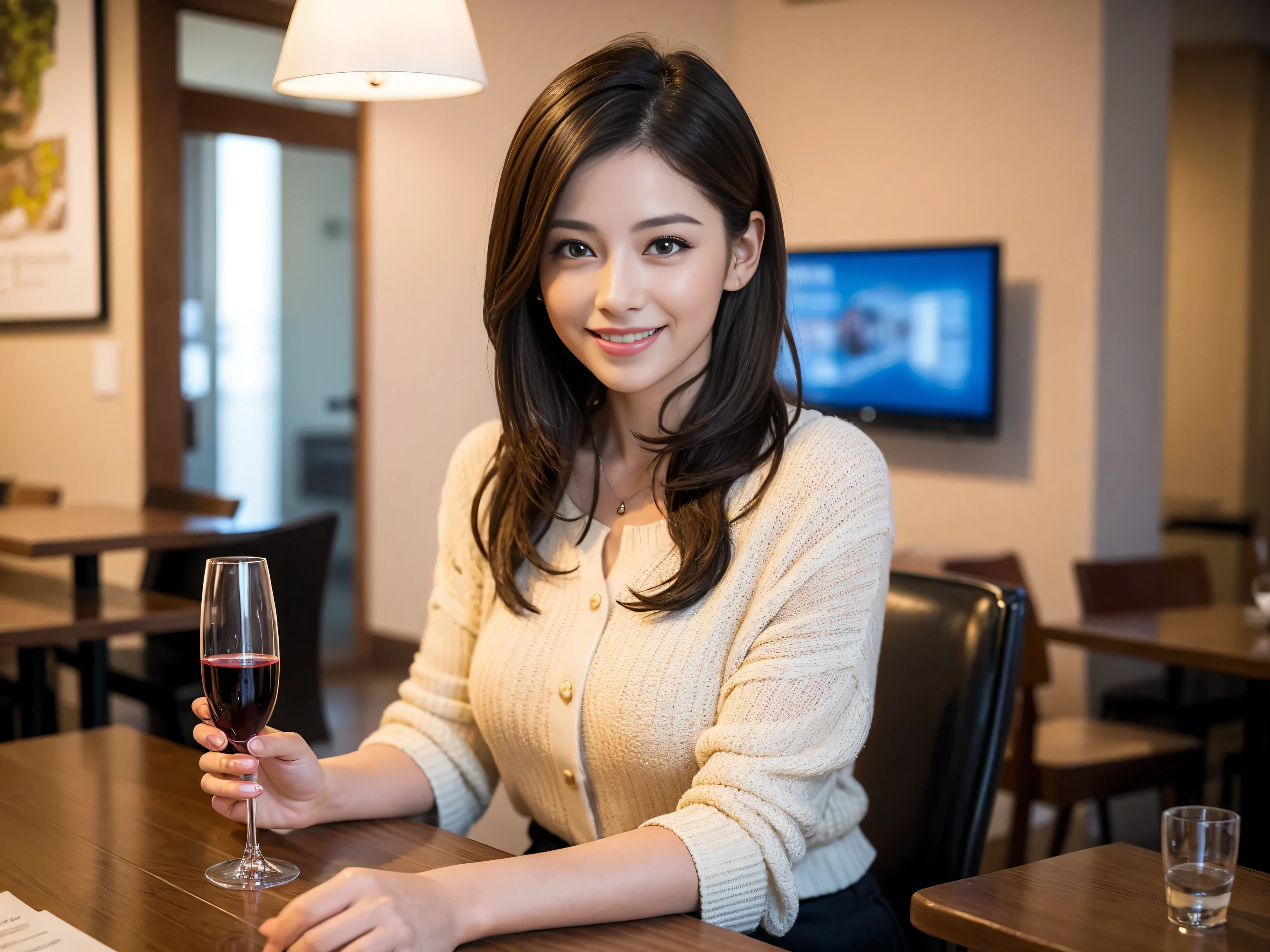 ((highest quality、8k、masterpiece:1.3))、Satomi Ishihara lookalike beauty、1 male、1 female、Couple、Spouse、half、The body is slim、((Bob Hale、Straight hair:1.2)), (Realistic, Intricate details:1.2), Wine glass on the table、Put the light on your face、 Amazing view of the sunset sky and clouds、Amazing mountain views、A bright smile、The wonderfulness of smile、Bright image、The beauty of wine, Beautiful Face, blue eyes, The light shines on your face, Blushing, short hair,Bright Face、 (Age 37), 39 years old, red wine 、Appetizers、Italian food、Wine bottle、Champagne、sparkling wine、Two beauties、Brown Hair、Shortcuts、Long sleeve shirt、dress、Pretty Woman 1, (Slim face), (The body is slim), (Brown Hair), (Shortcuts), cheeks turn a little red,Attractive beauty、restaurant, In a prominent place (From the waist up) Nova Frog Style, actress, model, Upper Body, White wine, slim, wine glass, A wine glass placed in the center, smile, (smile: 1.15), Beautiful fine grain, Depth f/2,saturation, High Contrast, Strong light and shadow,Moist Body:1.5、3D texture、Delicate eyes、Brown Hair、The hair is very shiny、