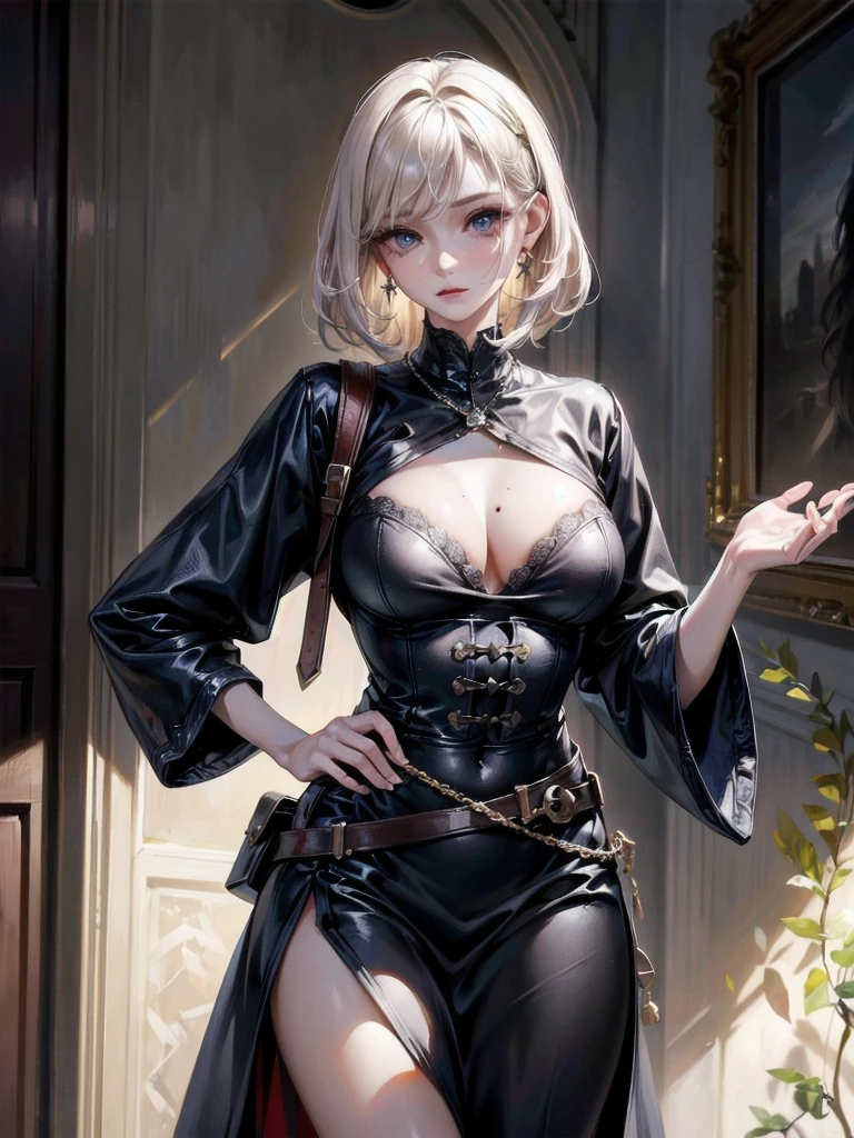 absurdres, RAW photo, extremely delicate and beautiful, masterpiece, Best Quality, ultra high resolution, 32k, hyperrealistic, ultra-detailed, detailed description, perfect anatomy, pale skin, 20 years old, detailed beautiful face and eyes, tearful mole, earring, short medium hair, wavy hair, whole body shot, colossal tits, ((yuri)), Practical pirate clothing, Long-sleeved pirate top, Skirt,