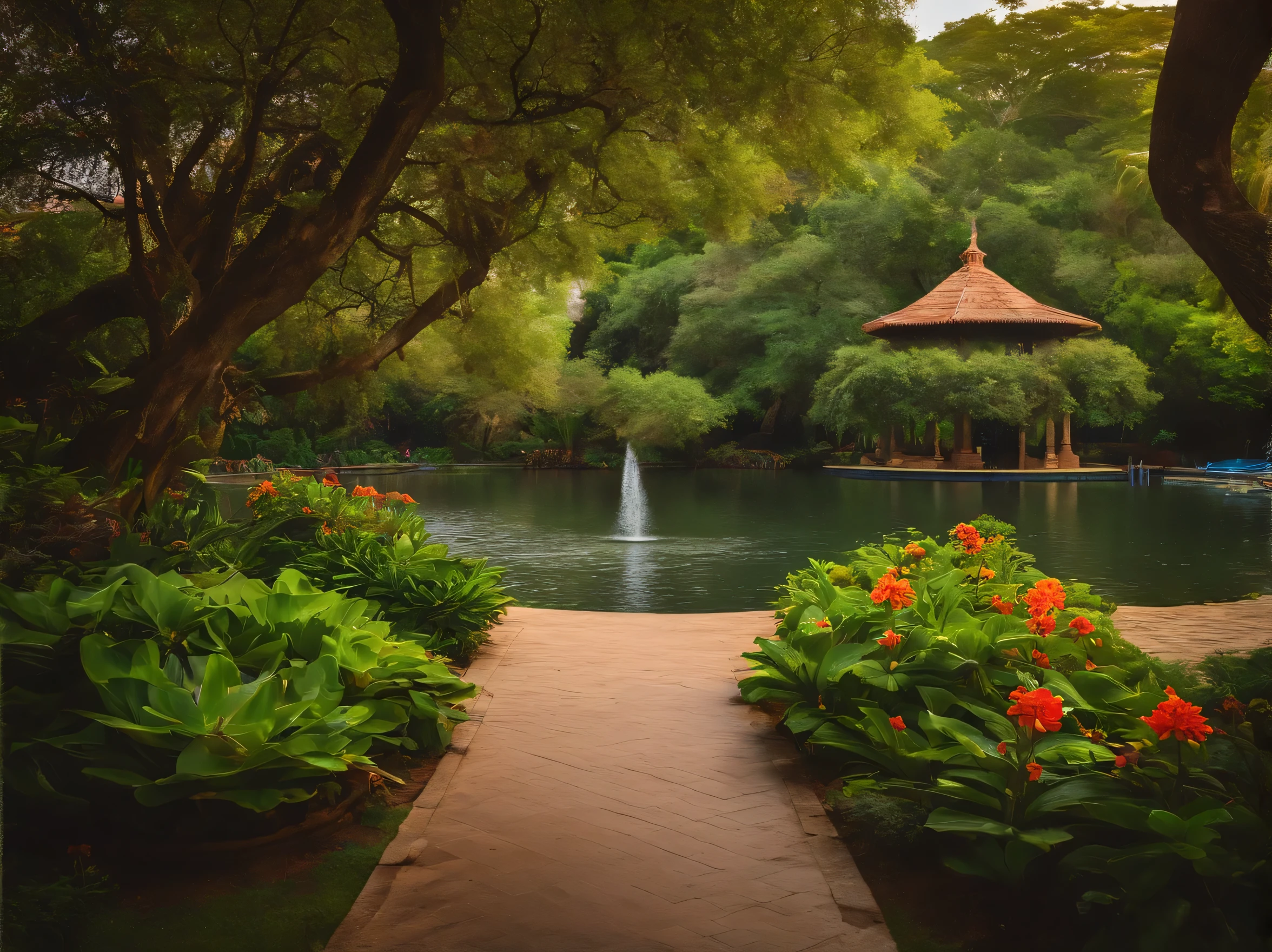 JARDIM DO EDEN VISTO ATRAVES DE UMA JANELA BEM FLORIDO COM UMA GRAMA VERDE E UM LAGO AO CENTRO