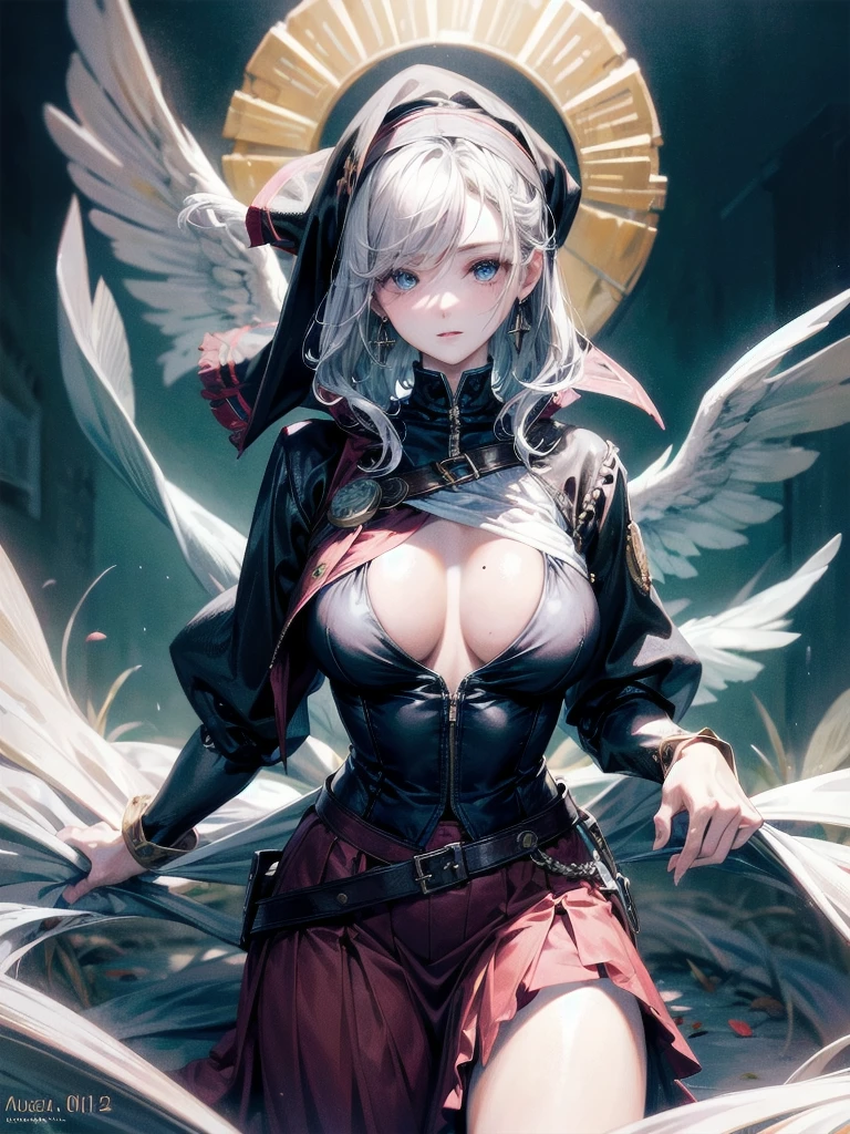 absurdres, RAW photo, extremely delicate and beautiful, masterpiece, Best Quality, ultra high resolution, 32k, hyperrealistic, ultra-detailed, detailed description, perfect anatomy, pale skin, 20 years old, detailed beautiful face and eyes, tearful mole, earring, short medium hair, wavy hair, whole body shot, colossal tits, ((yuri)), Practical pirate clothing, Long-sleeved pirate top, Skirt,
