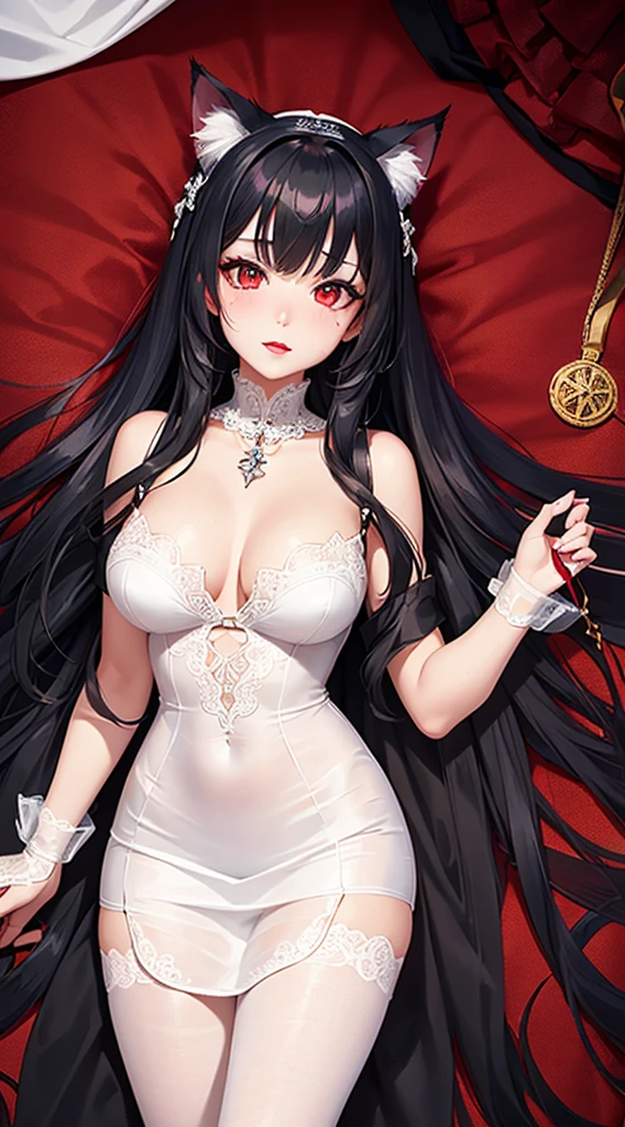 Detailed facial details,1 girl、Cat ear,Black long hair, Charming red eyes, Radiant Skin,red lips,pure white lace wedding dress,Slim,Large Breasts,Facial details are very detailed, handcuffs,Collar,church,Lying on the carpet